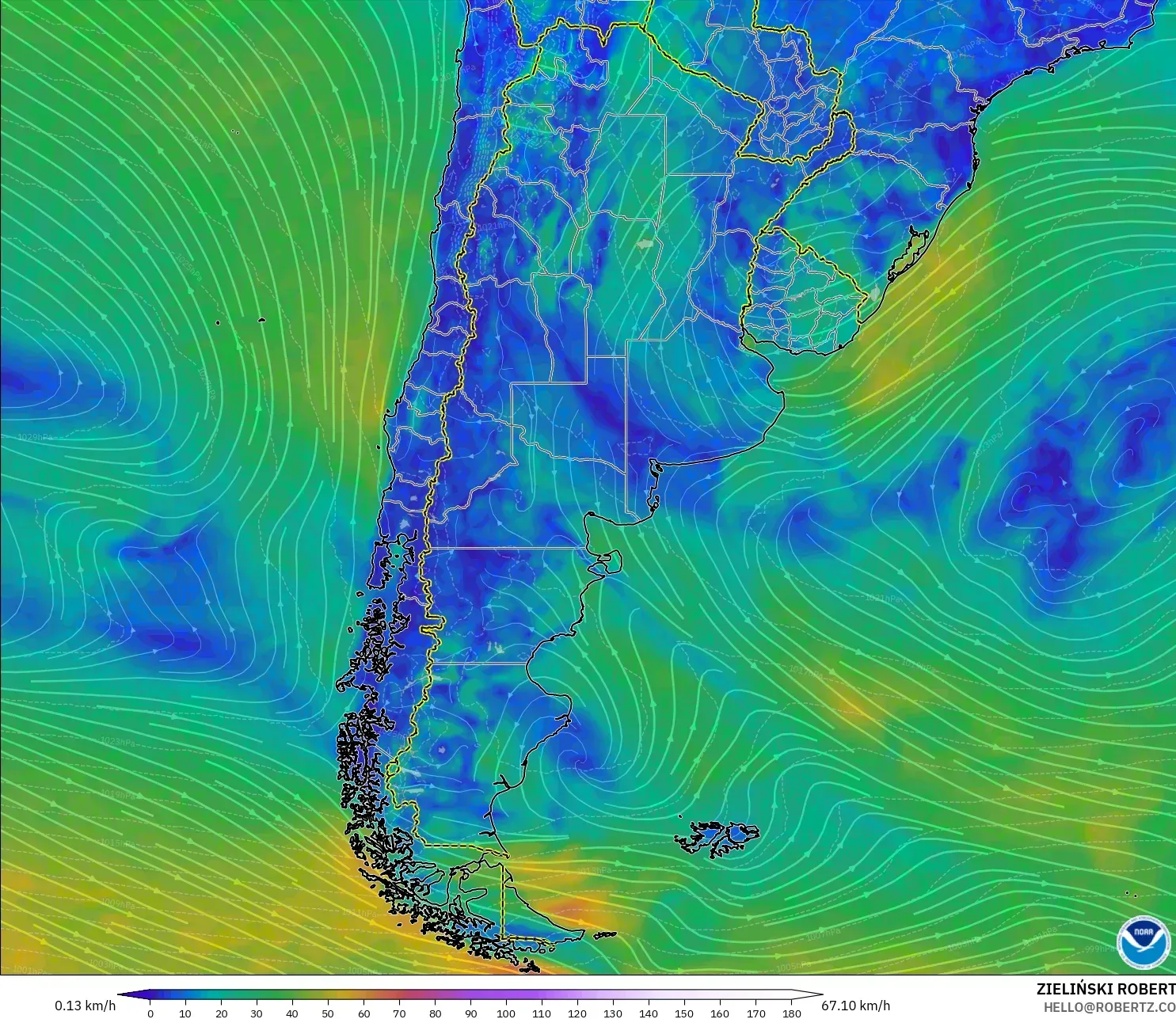 GFS modelo - Argentina, Viento a 10 m