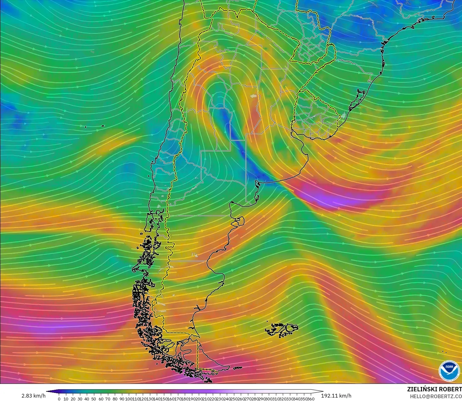 GFS modelo - Argentina, Viento a 300 hPa (corriente en chorro)