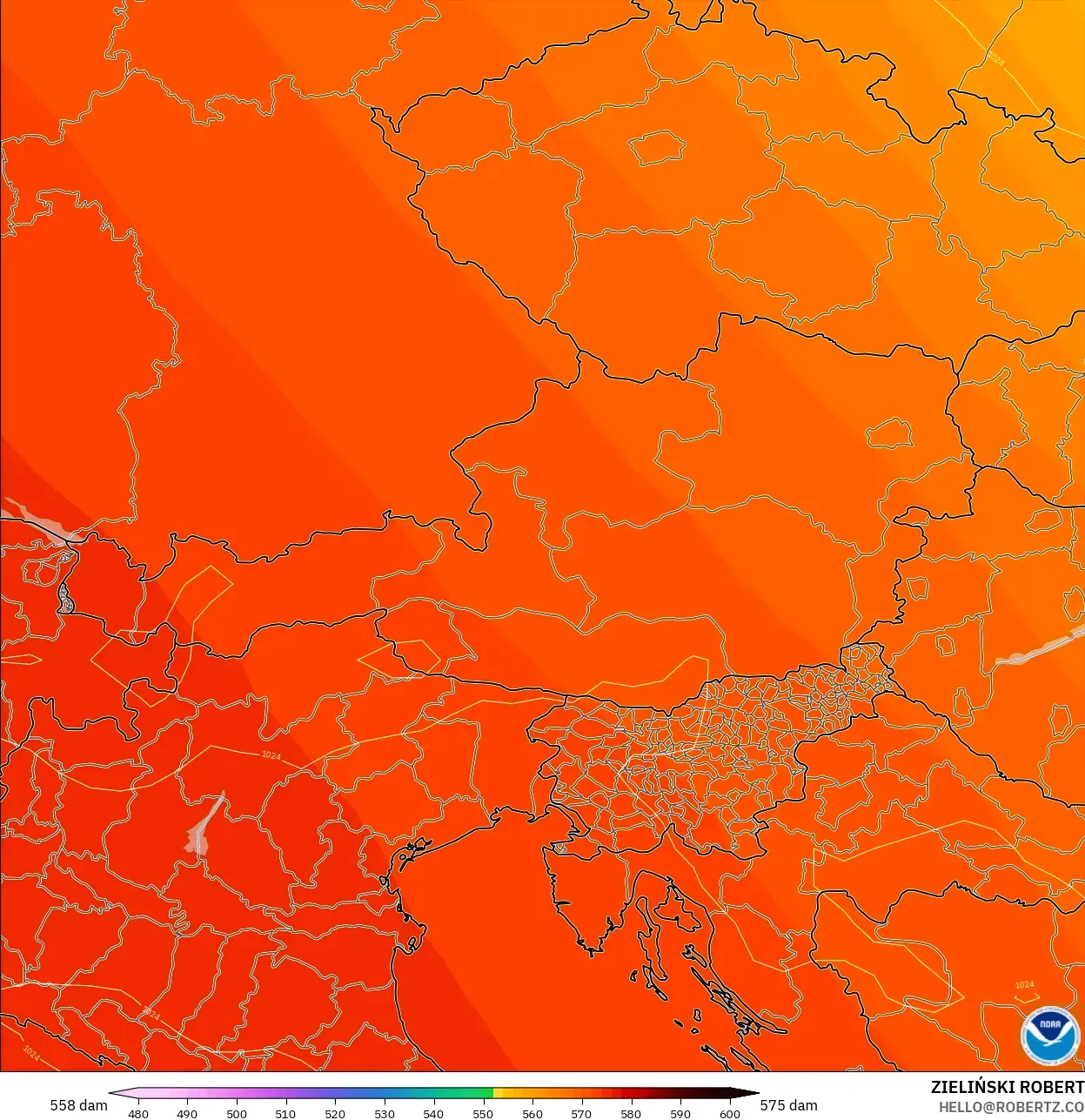 GFS modelo - Austria, Altura geopotencial a 500 hPa