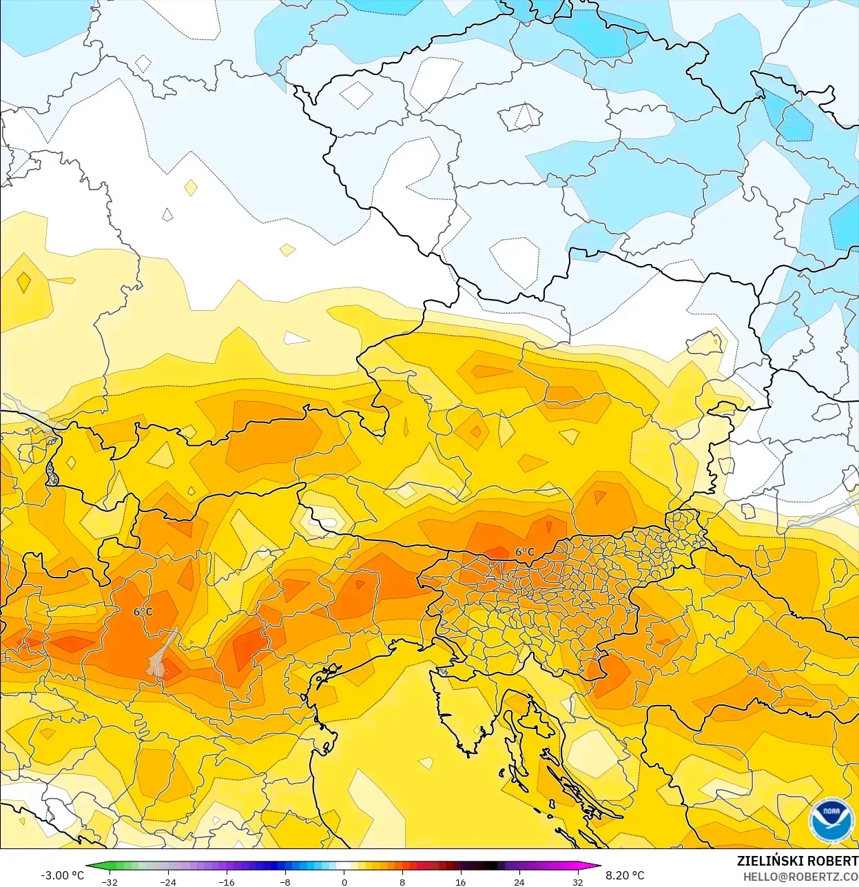 GFS modelo - Austria, Anomalía de temperatura a 2 m