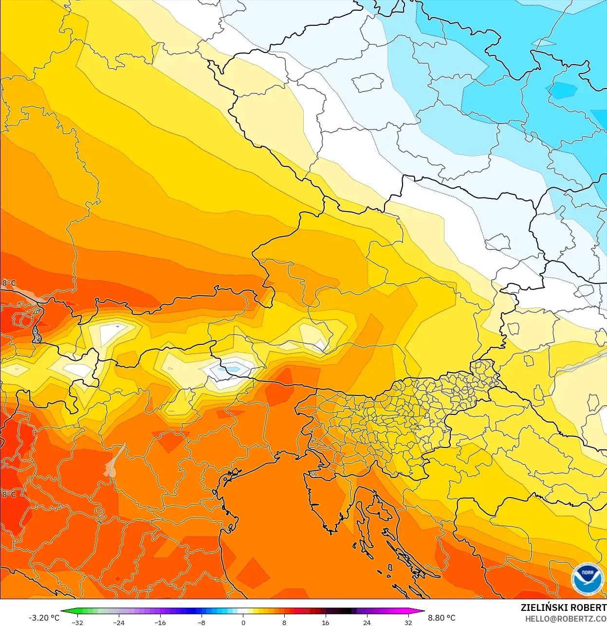 GFS modelo - Austria, Anomalía de temperatura a 850 hPa