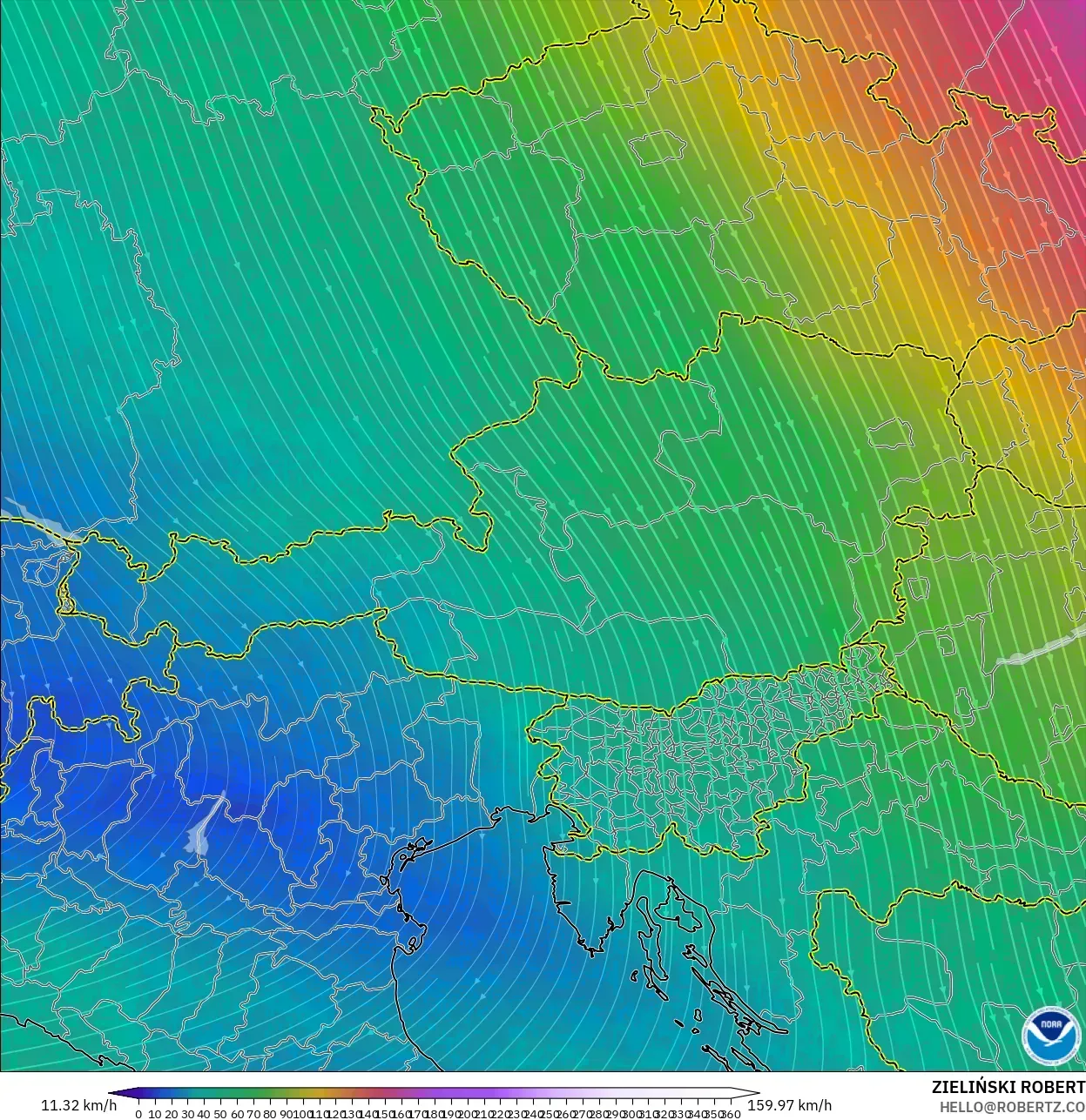 GFS modelo - Austria, Viento a 300 hPa (corriente en chorro)