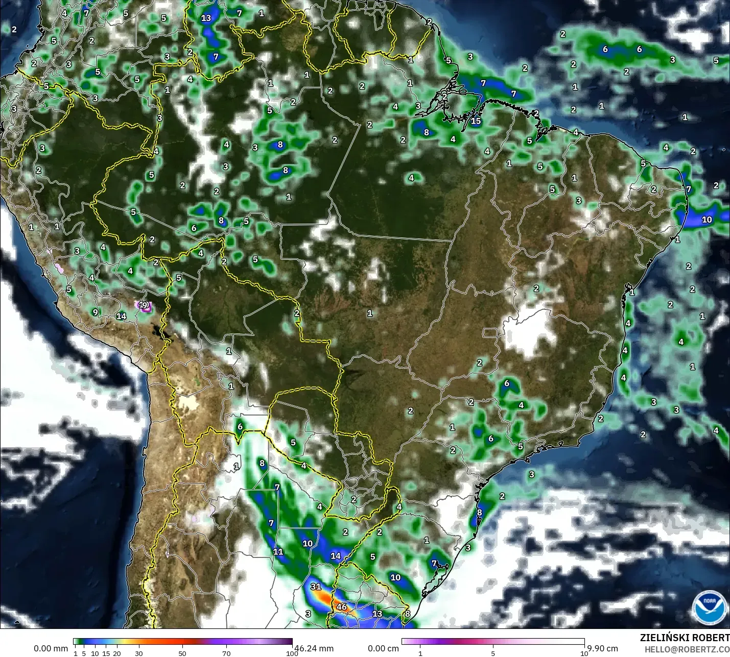 GFS modelo - Brasil, Precipitación, nubes y presión