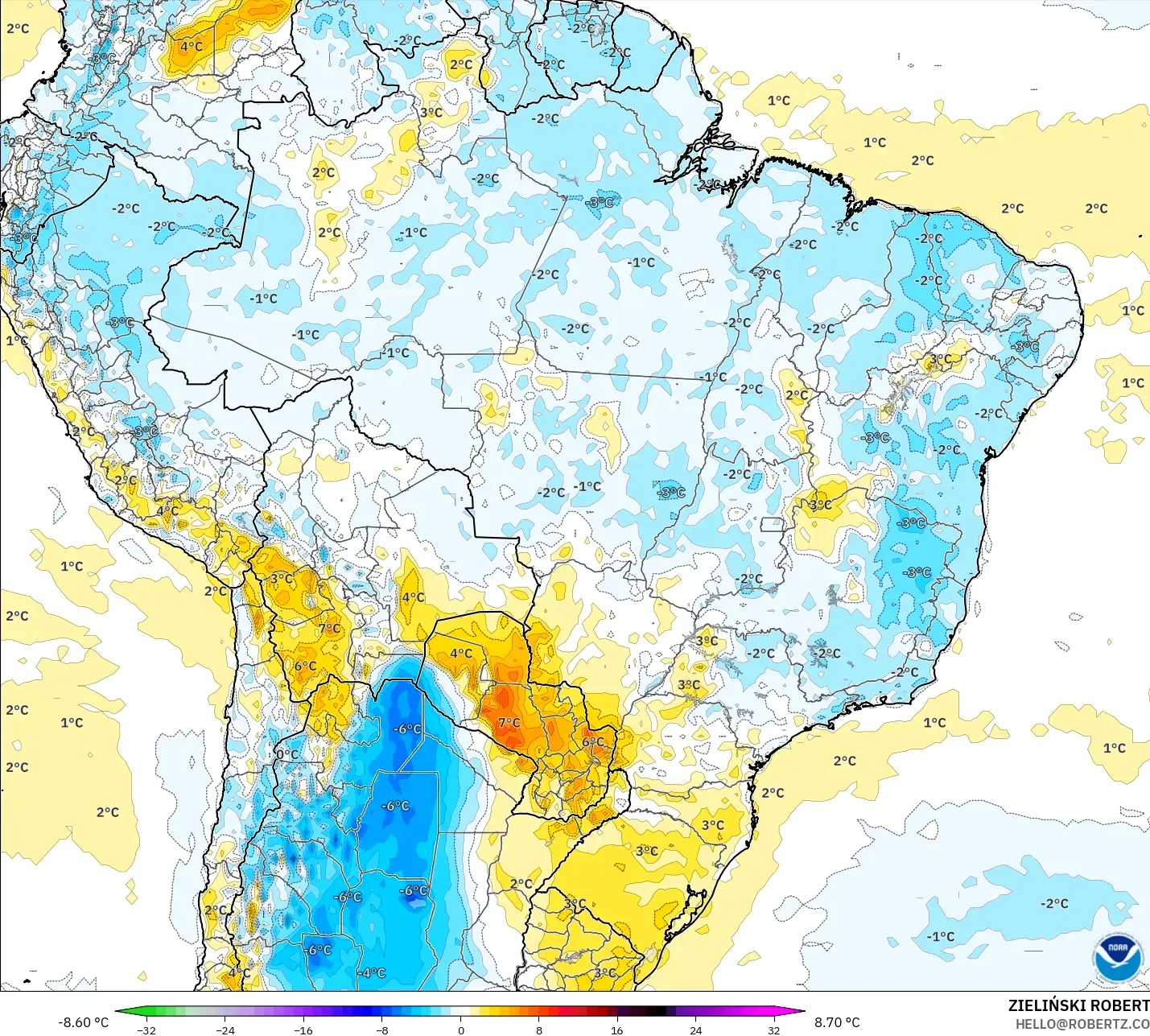 GFS modelo - Brasil, Anomalía de temperatura a 2 m