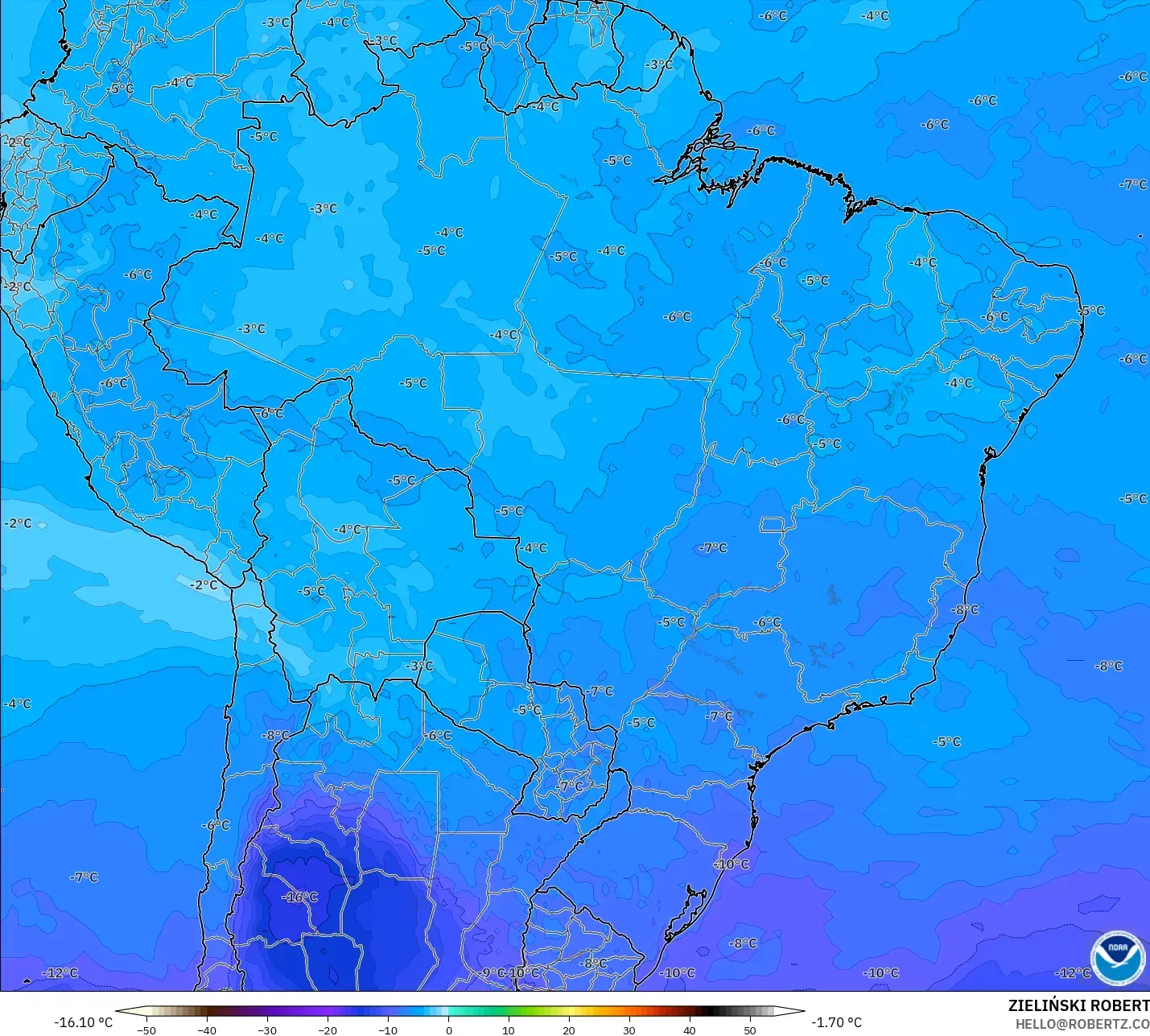 GFS modelo - Brasil, Temperatura a 500 hPa