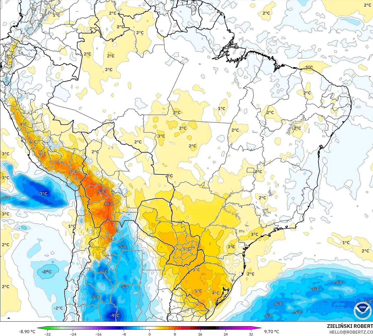 GFS modelo - Brasil, Anomalía de temperatura a 850 hPa