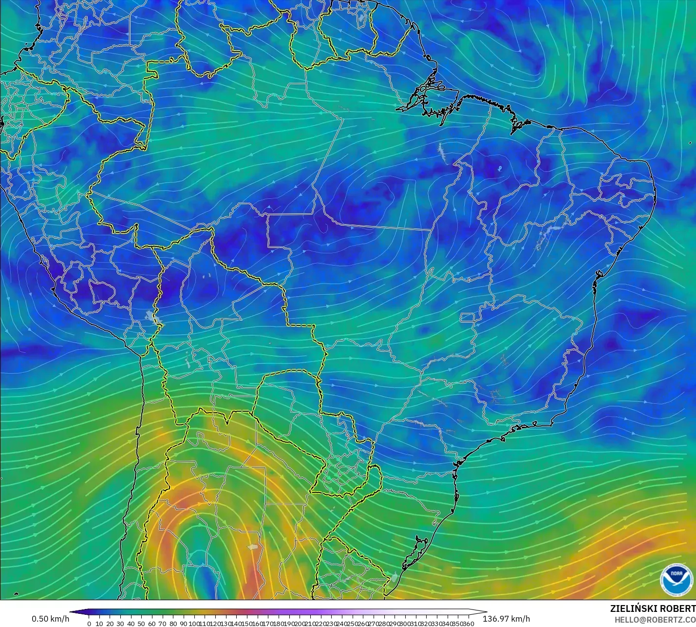 GFS modelo - Brasil, Viento a 300 hPa (corriente en chorro)