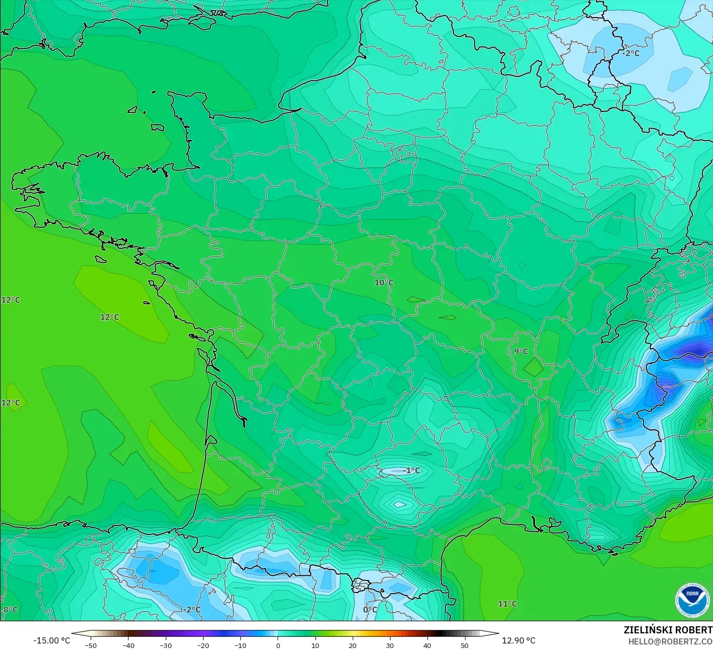 GFS modelo - Francia, Punto de rocío a 2 m