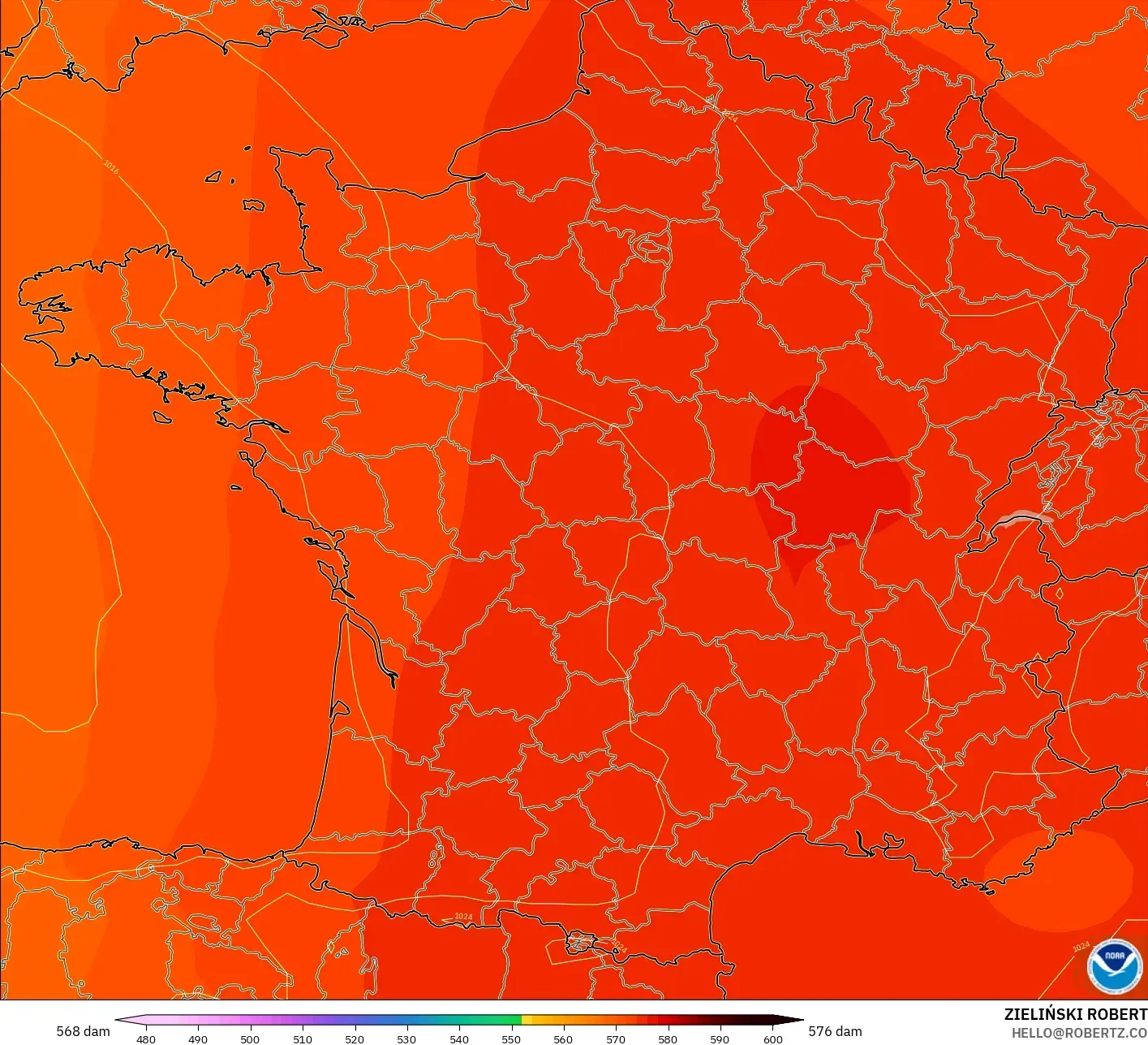 GFS modelo - Francia, Altura geopotencial a 500 hPa