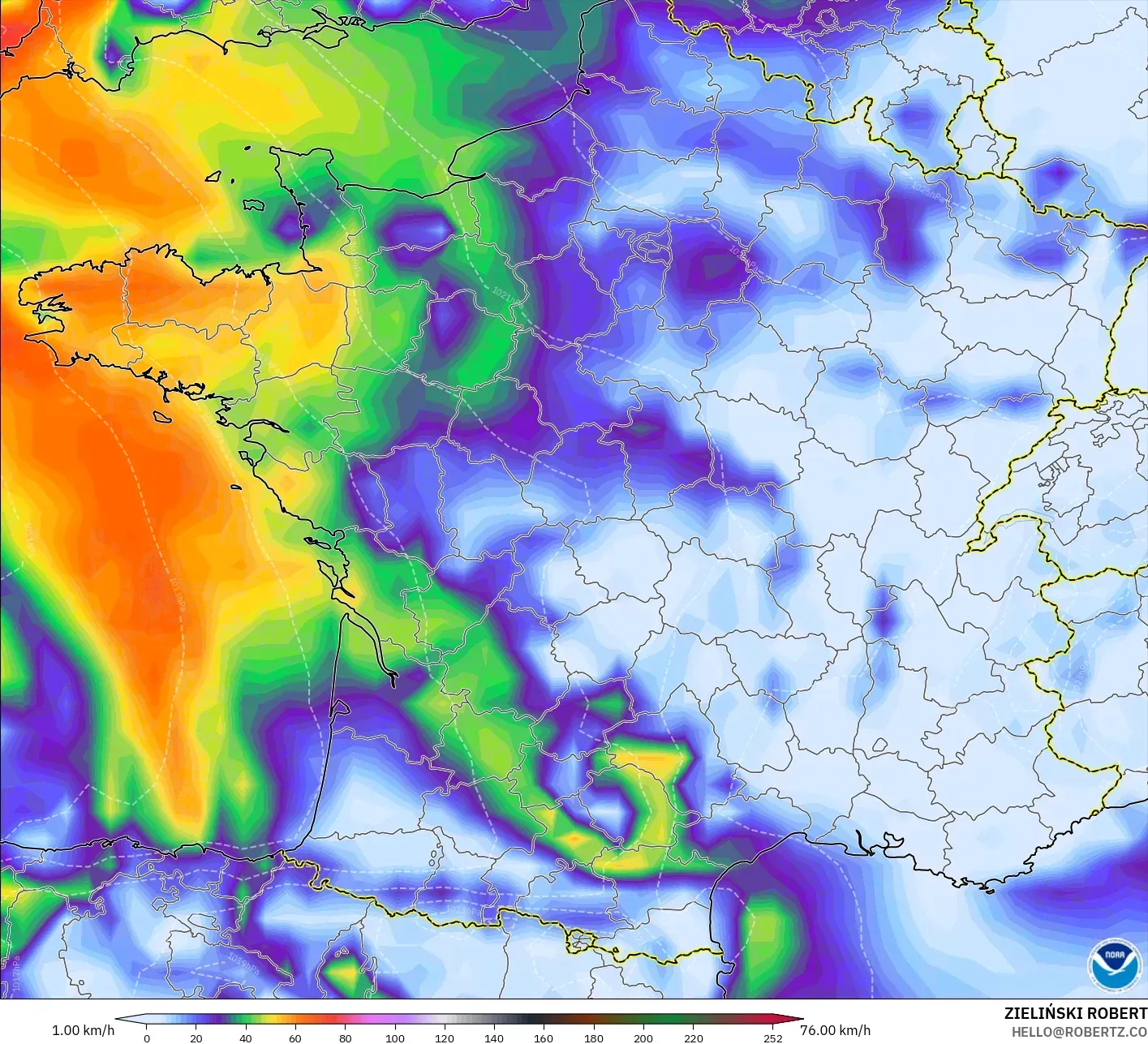 GFS modelo - Francia, Ráfagas de Viento Máximas
