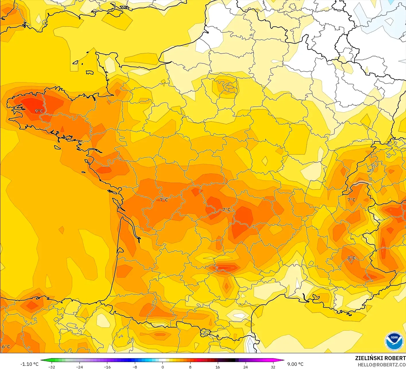 GFS modelo - Francia, Anomalía de temperatura a 2 m