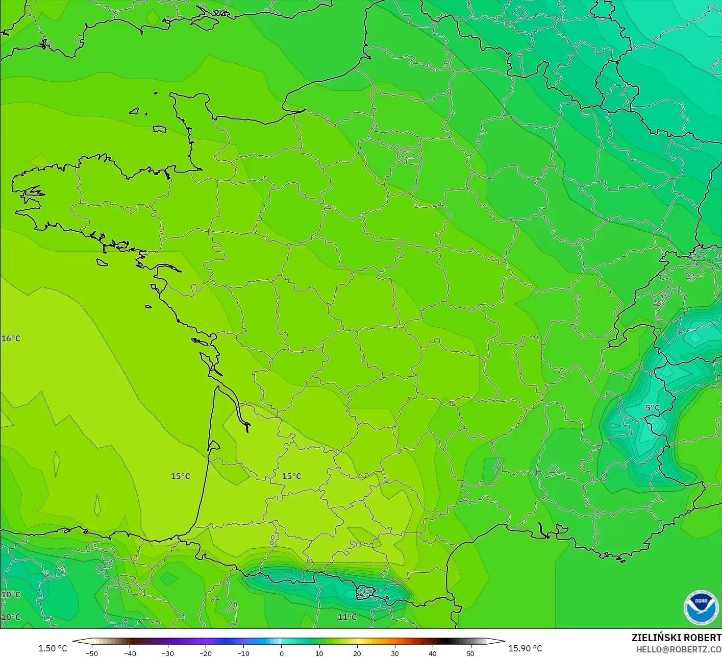 GFS modelo - Francia, Temperatura a 850 hPa
