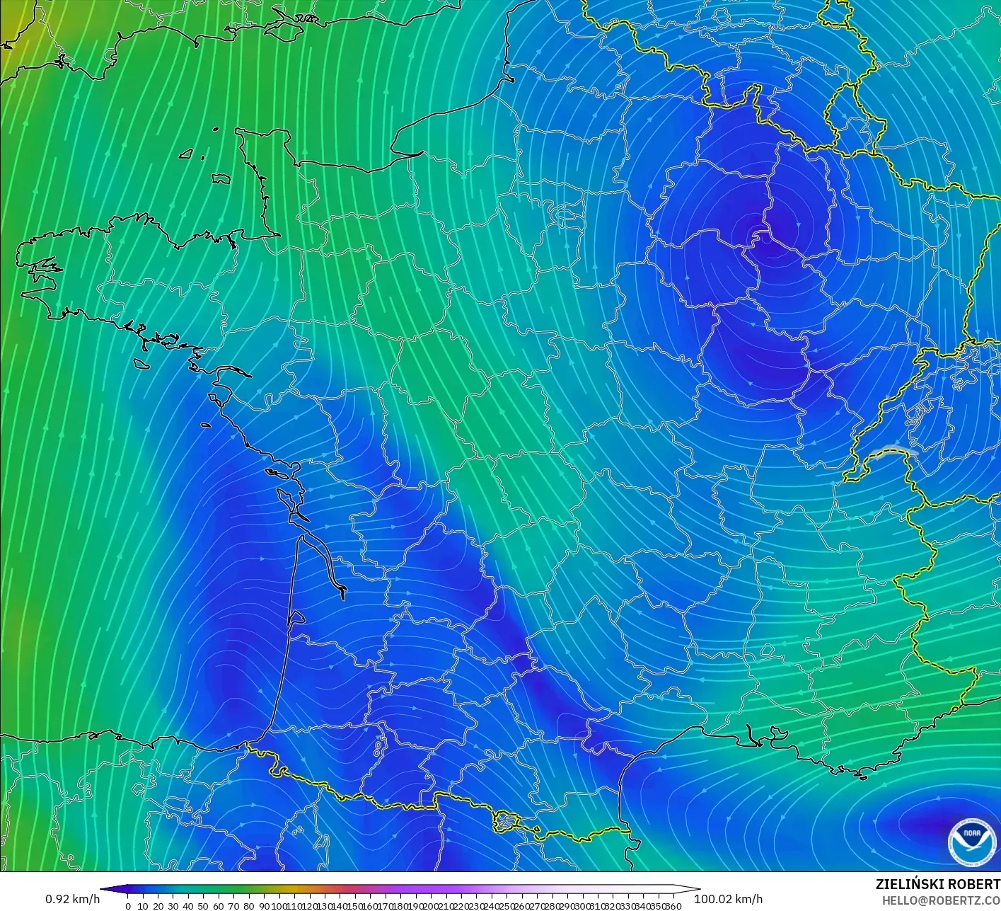 GFS modelo - Francia, Viento a 300 hPa (corriente en chorro)