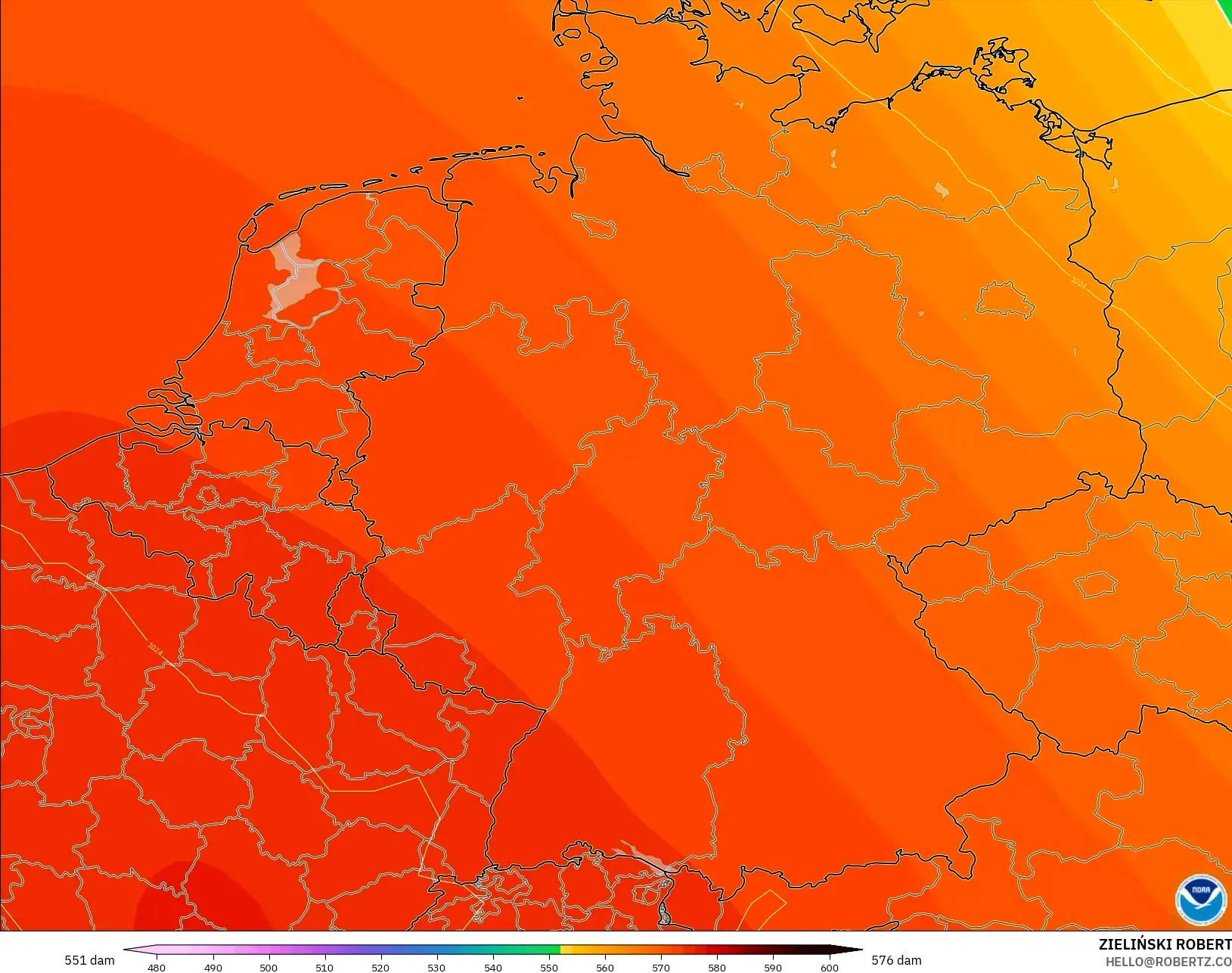 GFS modelo - Alemania, Altura geopotencial a 500 hPa