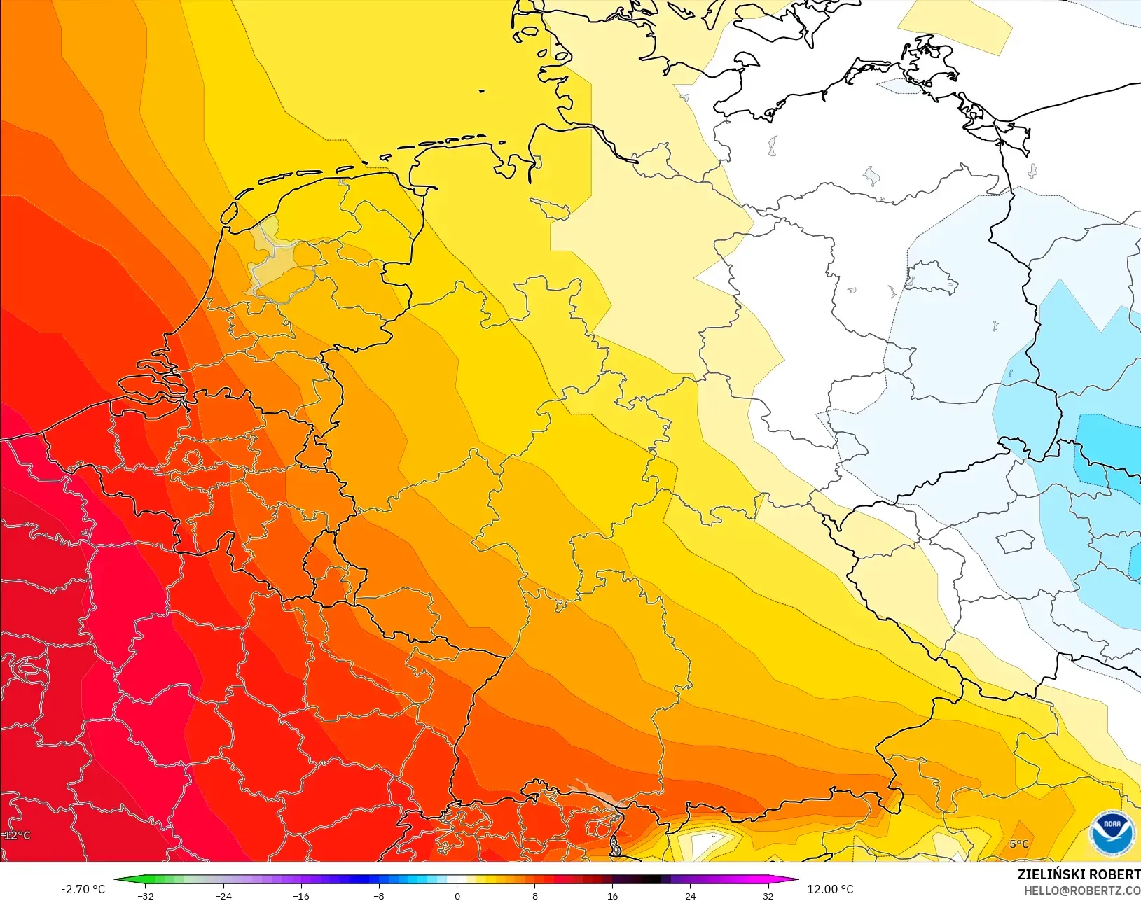 GFS modelo - Alemania, Anomalía de temperatura a 850 hPa