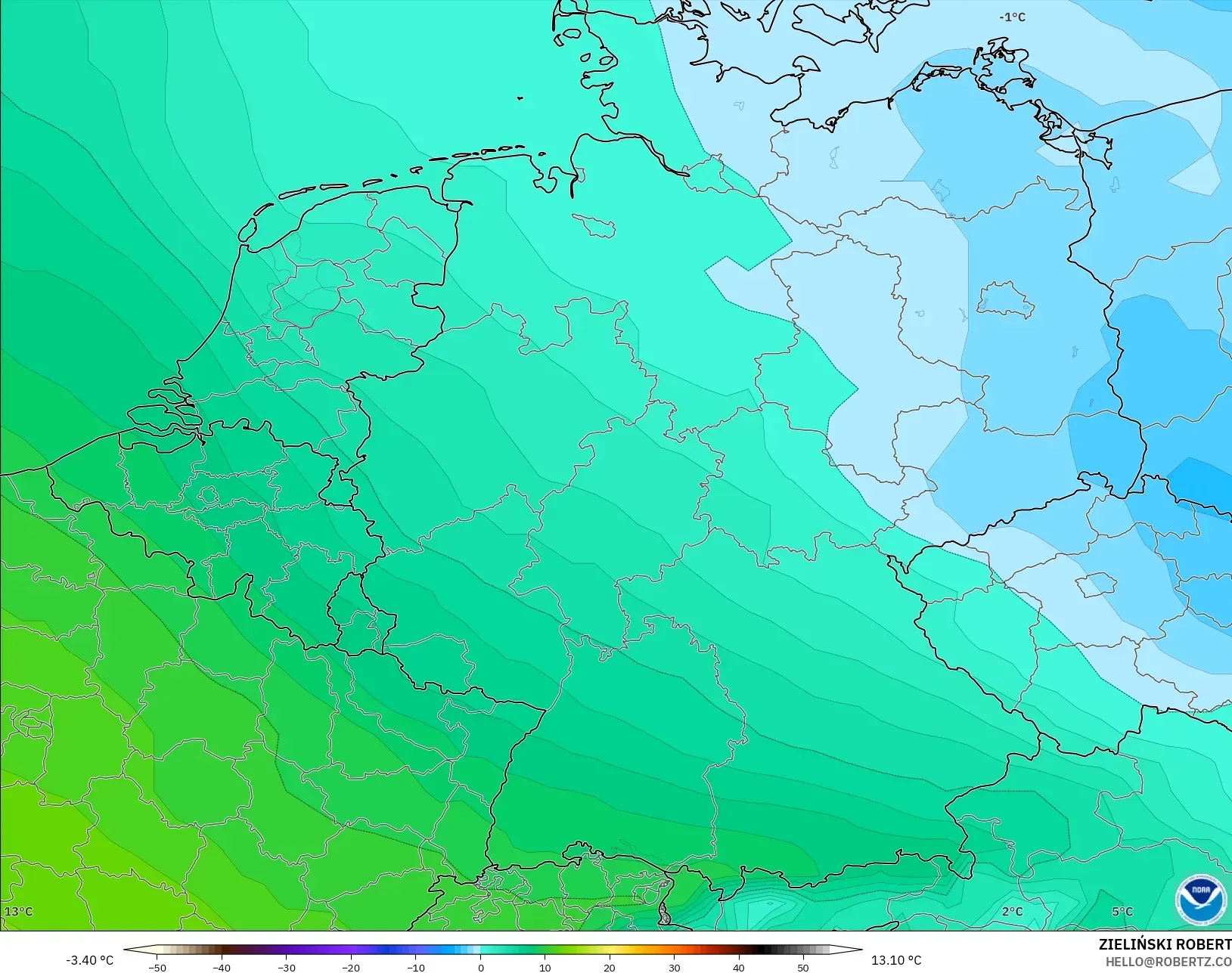 GFS modelo - Alemania, Temperatura a 850 hPa