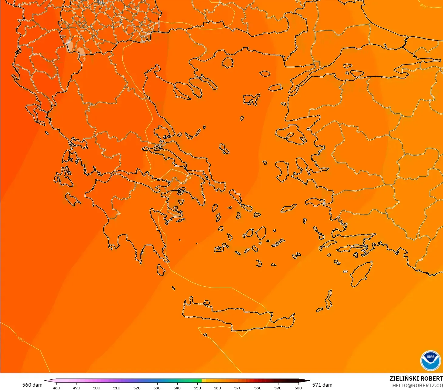 GFS modelo - Grecia, Altura geopotencial a 500 hPa
