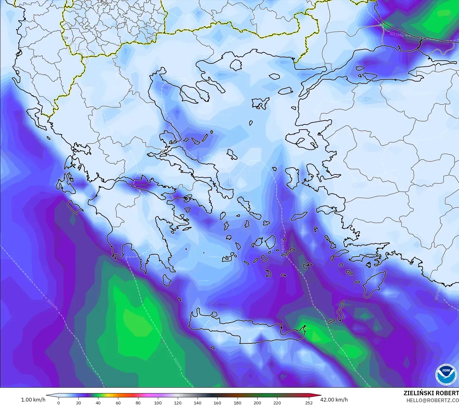 GFS modelo - Grecia, Ráfagas de Viento Máximas
