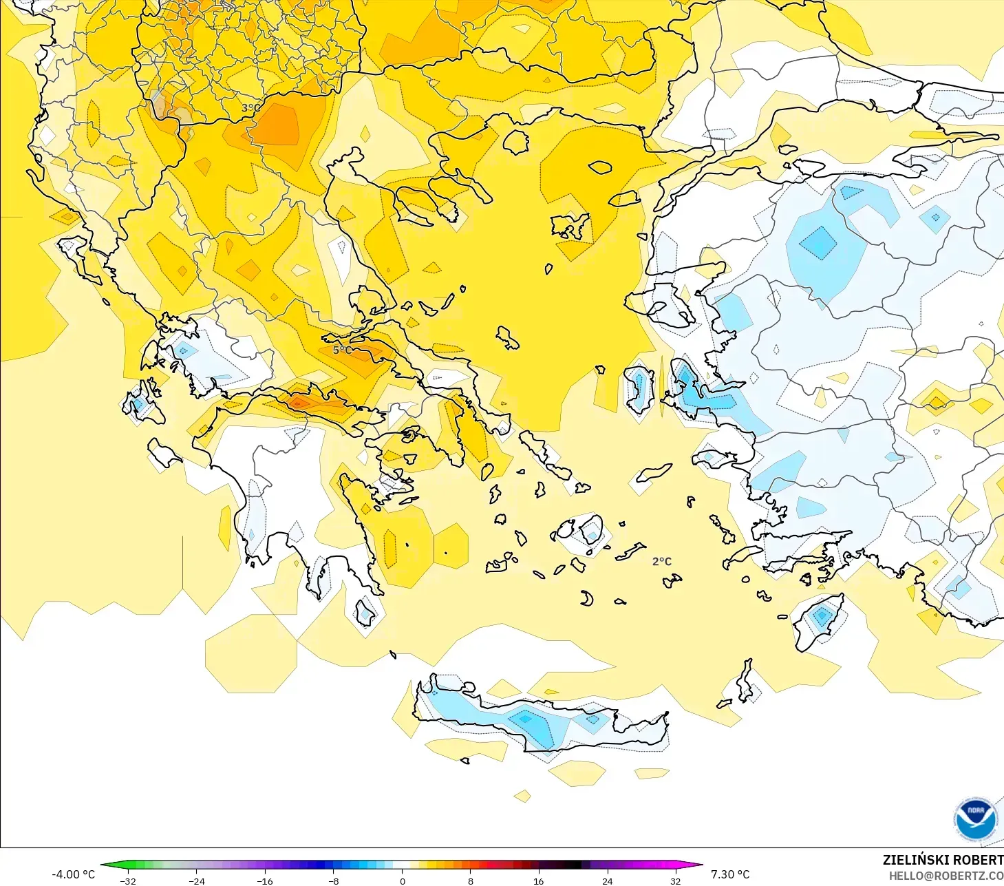 GFS modelo - Grecia, Anomalía de temperatura a 2 m