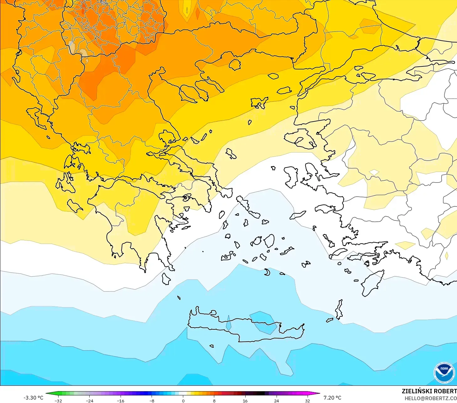 GFS modelo - Grecia, Anomalía de temperatura a 850 hPa