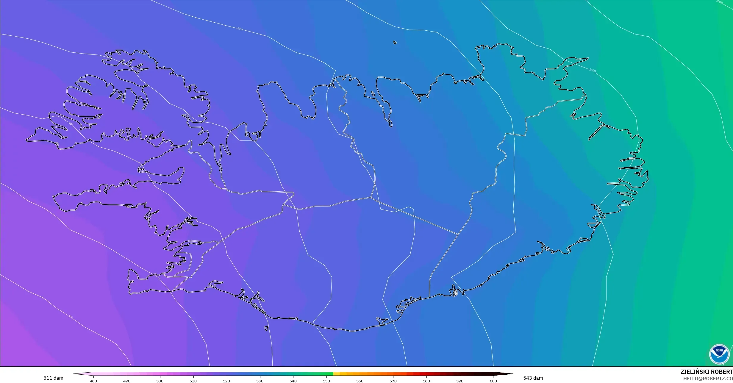 GFS modelo - Islandia, Altura geopotencial a 500 hPa