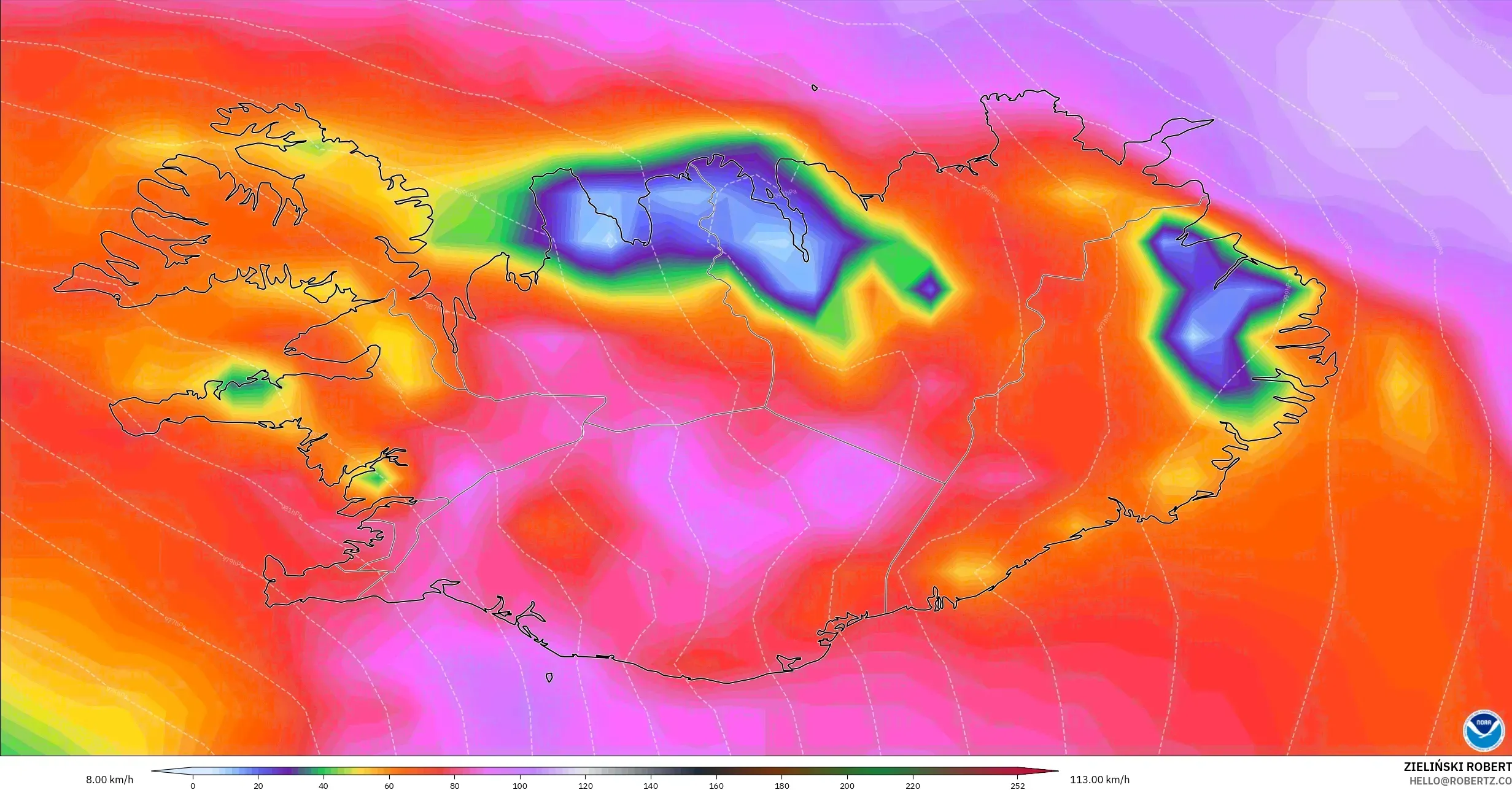 GFS modelo - Islandia, Ráfagas de Viento Máximas