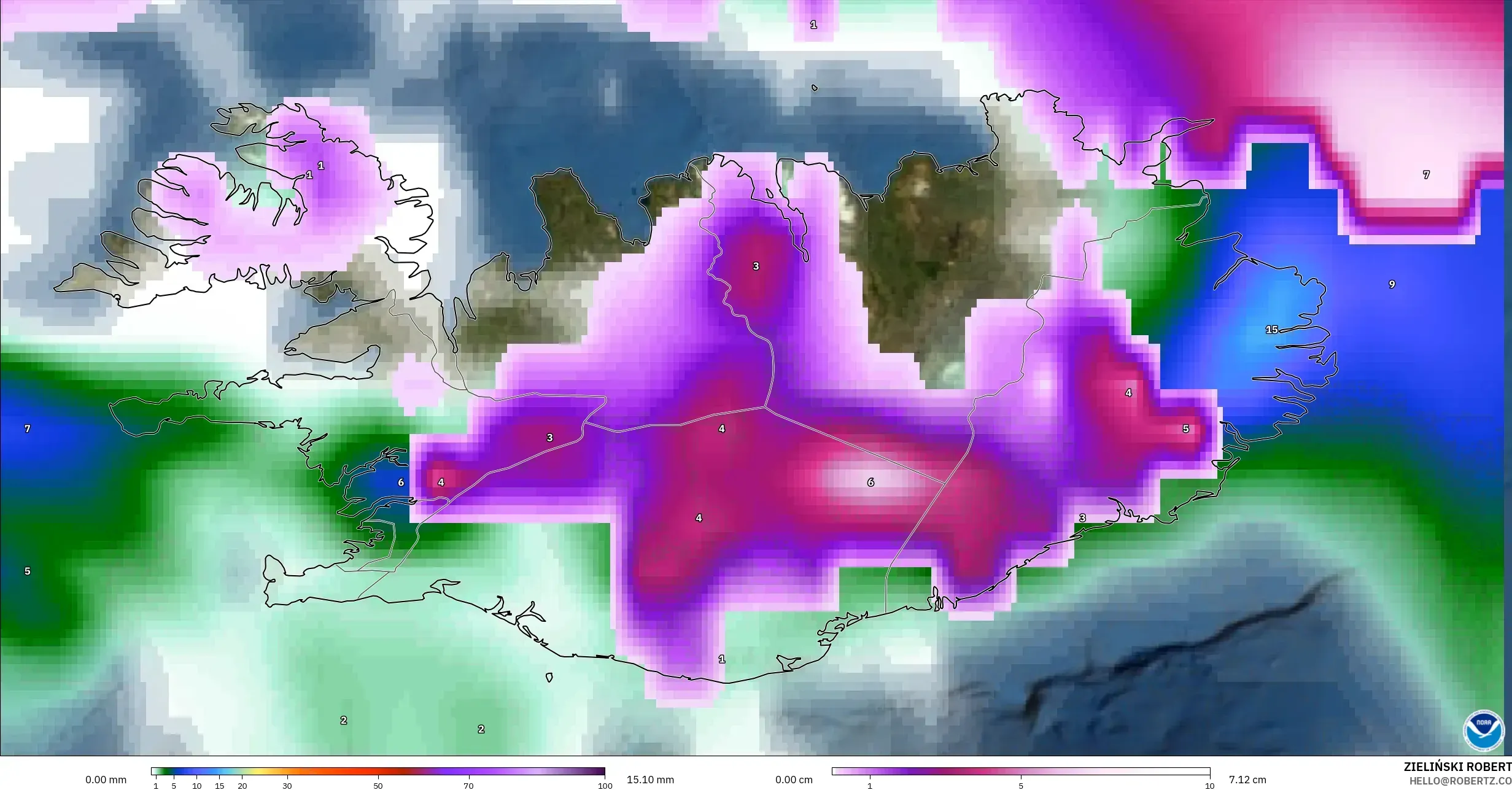 GFS modelo - Islandia, Precipitación, nubes y presión