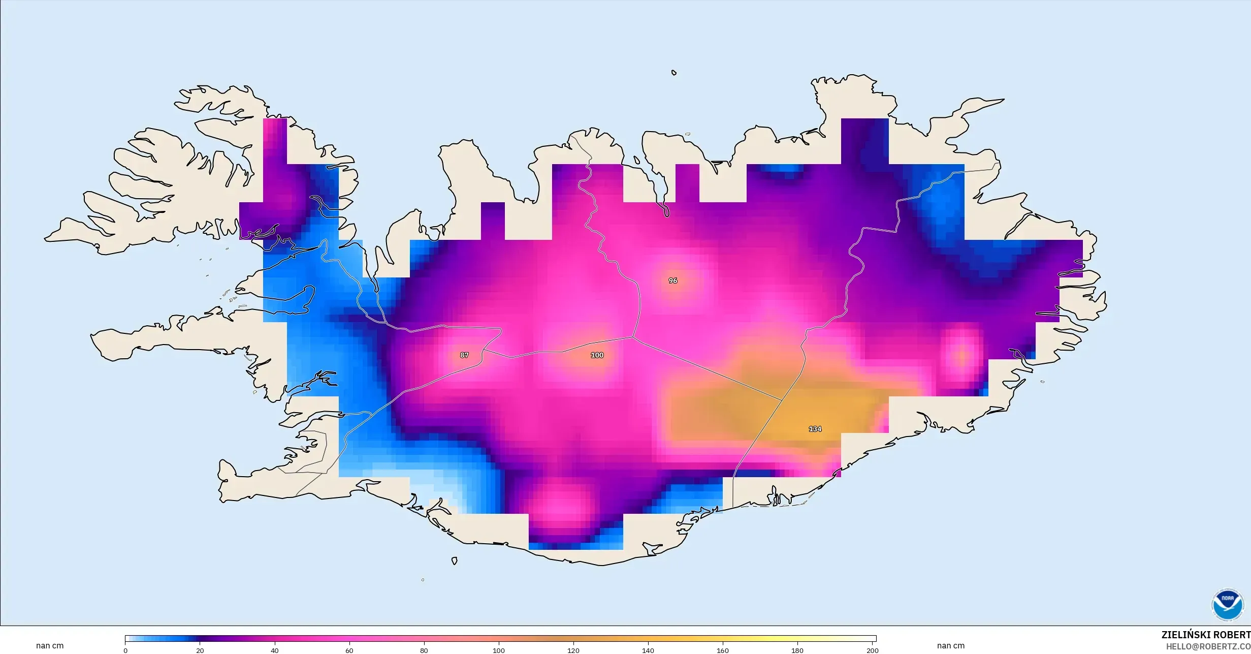 GFS modelo - Islandia, Profundidad de nieve