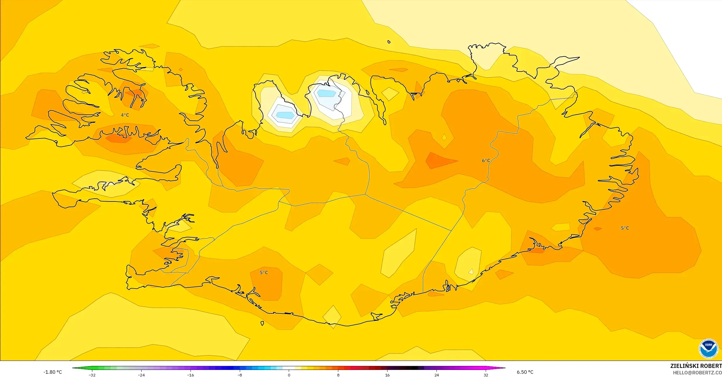 GFS modelo - Islandia, Anomalía de temperatura a 2 m