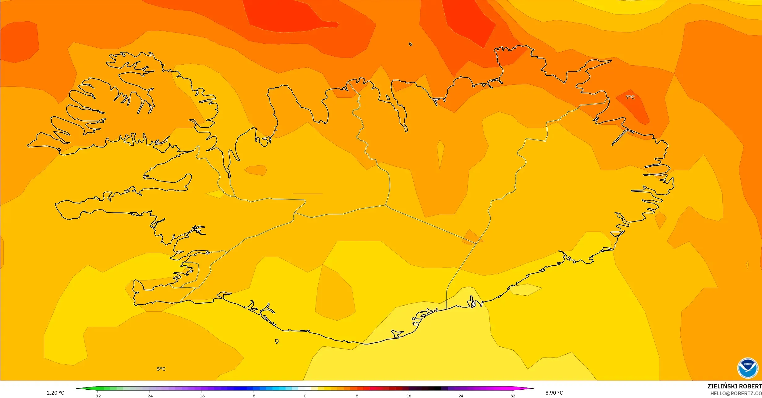GFS modelo - Islandia, Anomalía de temperatura a 850 hPa