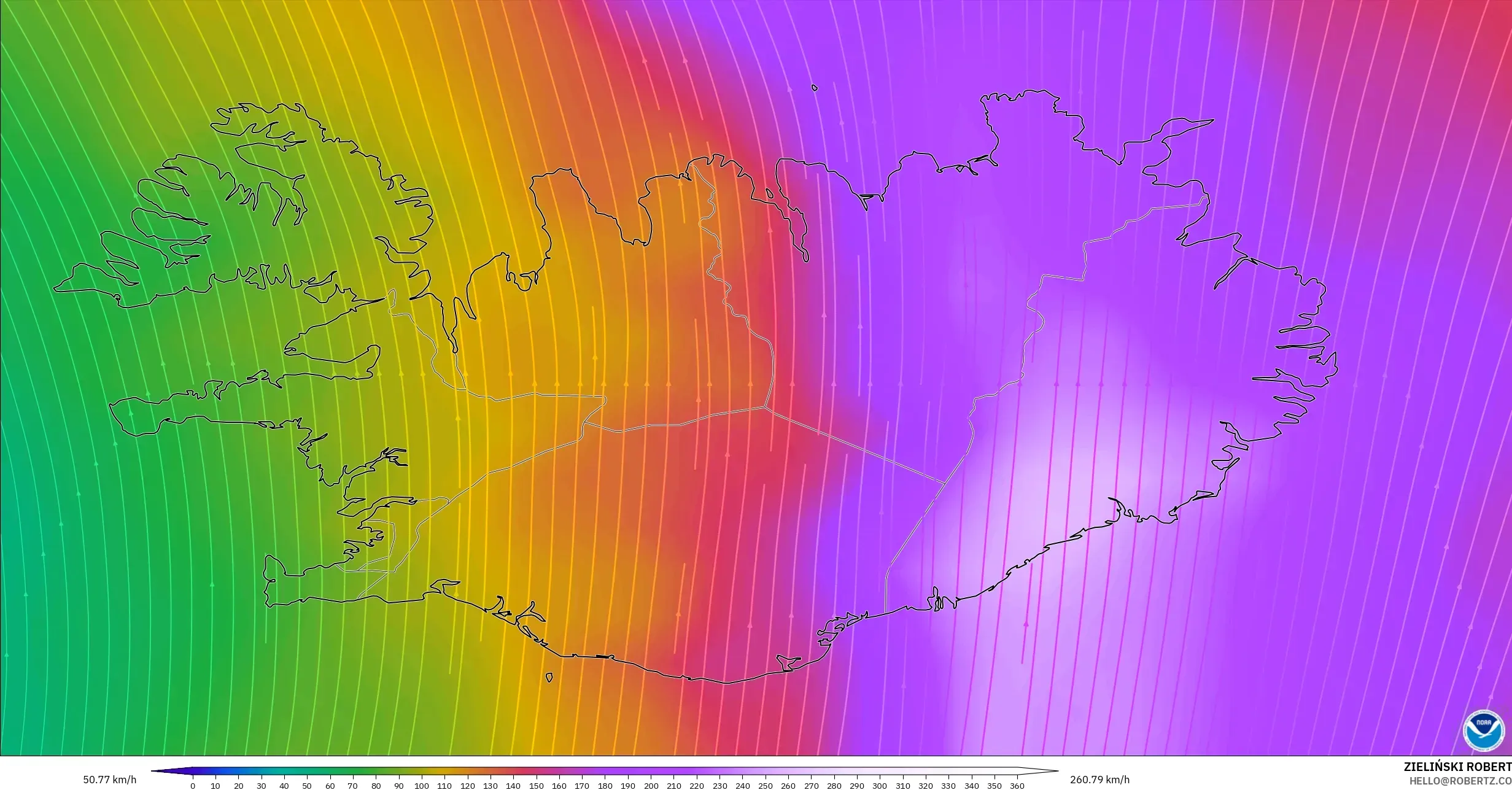 GFS modelo - Islandia, Viento a 300 hPa (corriente en chorro)