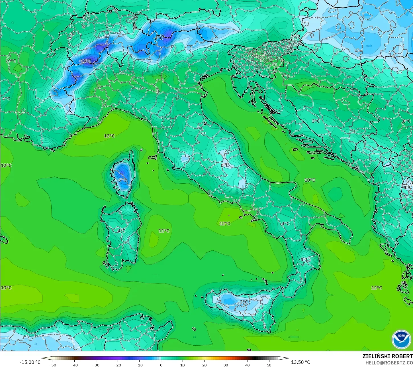 GFS modelo - Italia, Punto de rocío a 2 m