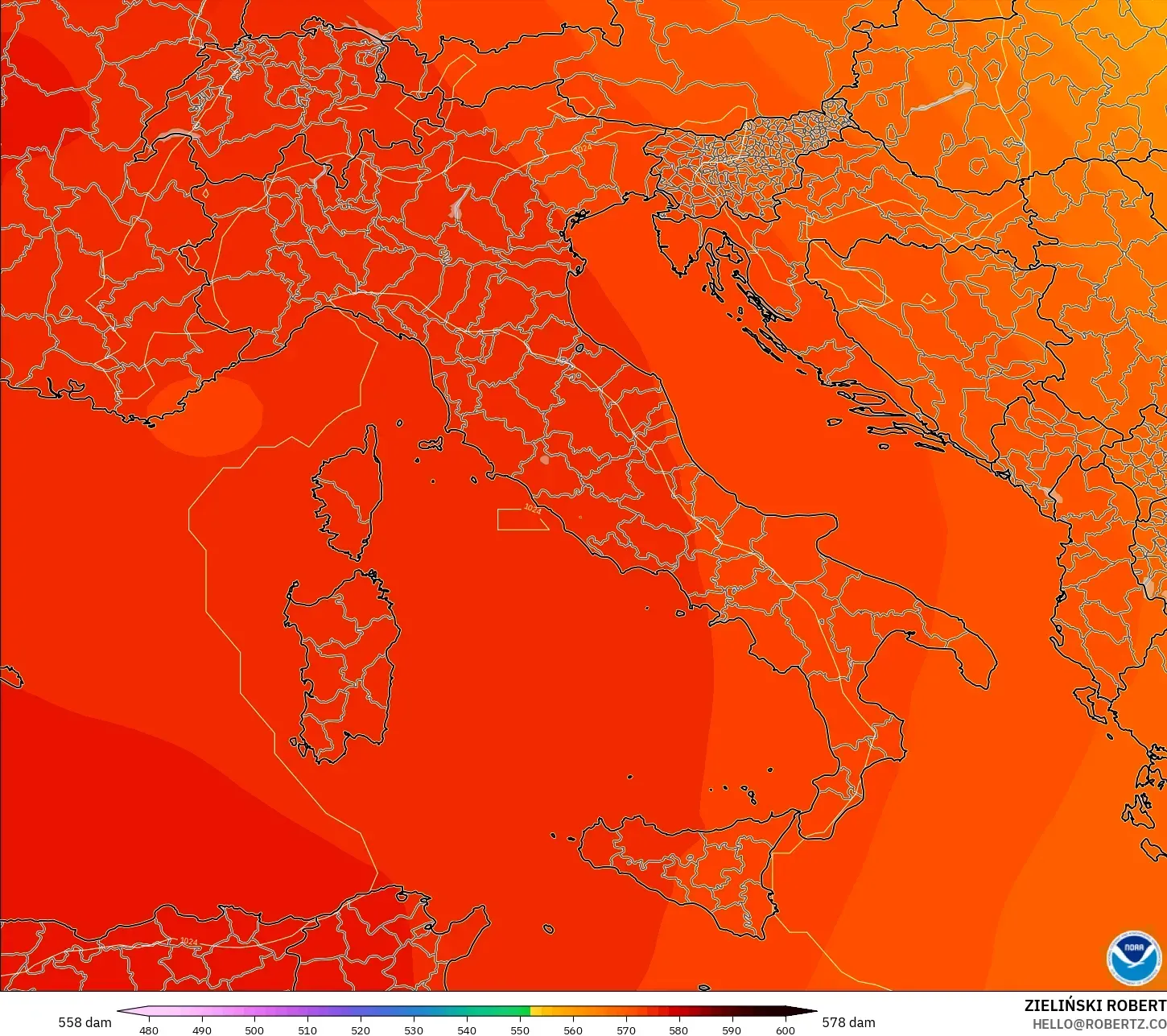 GFS modelo - Italia, Altura geopotencial a 500 hPa
