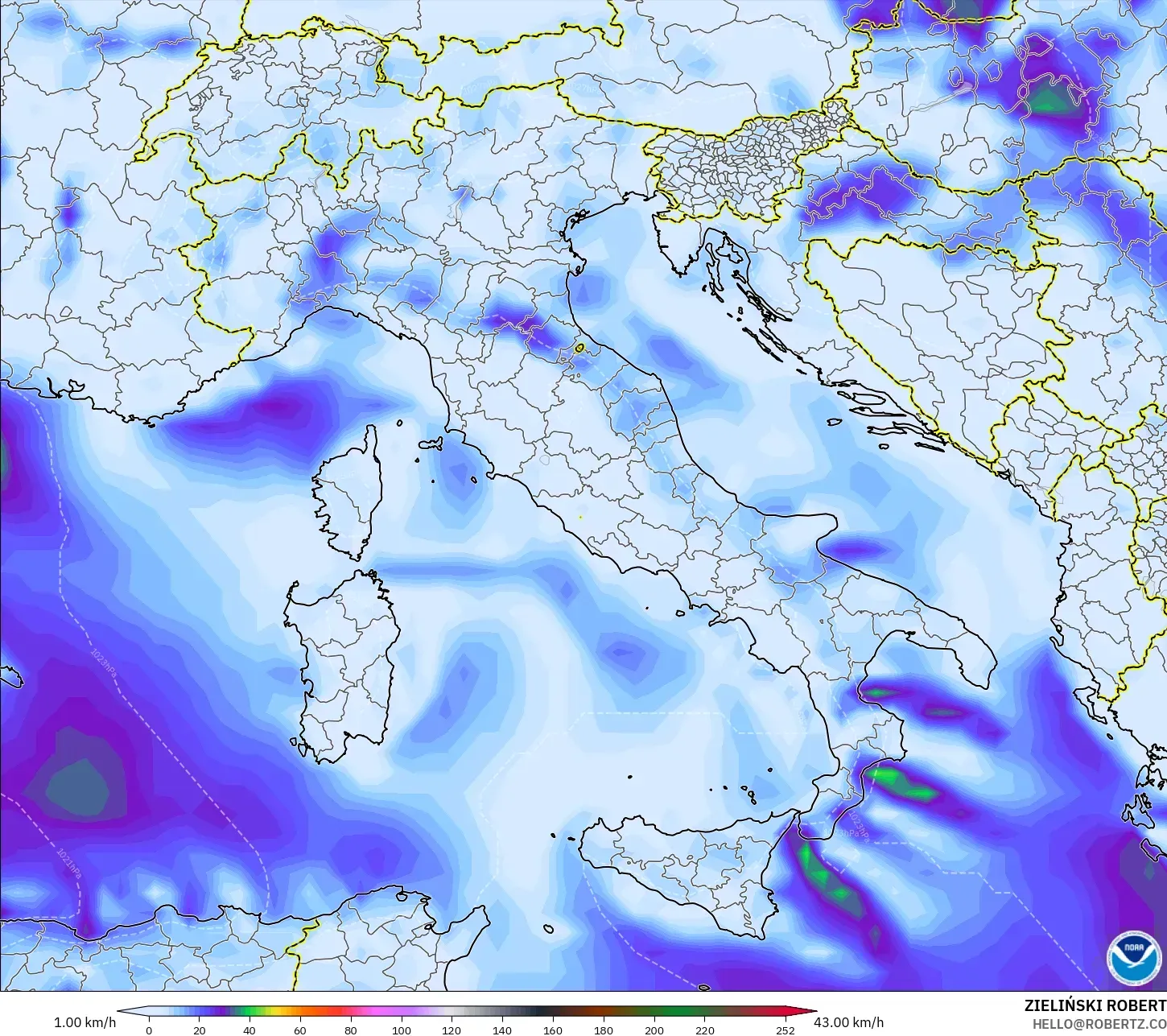 GFS modelo - Italia, Ráfagas de Viento Máximas