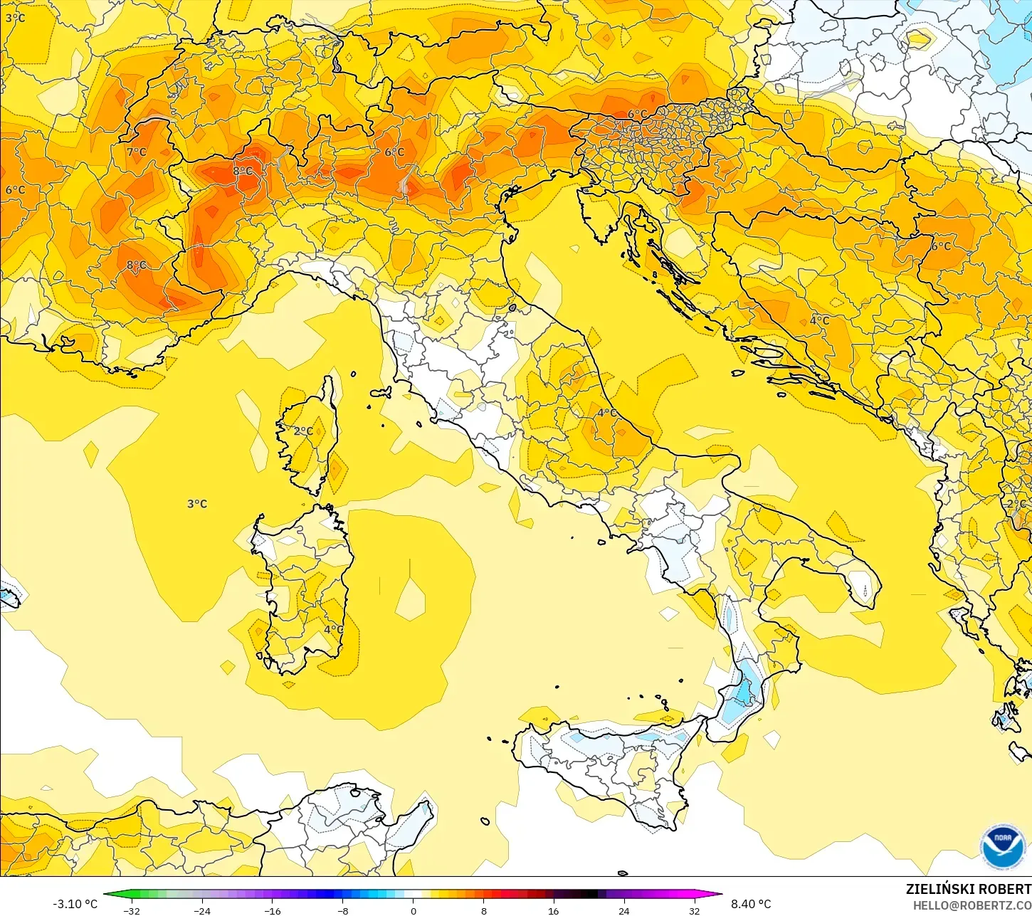 GFS modelo - Italia, Anomalía de temperatura a 2 m
