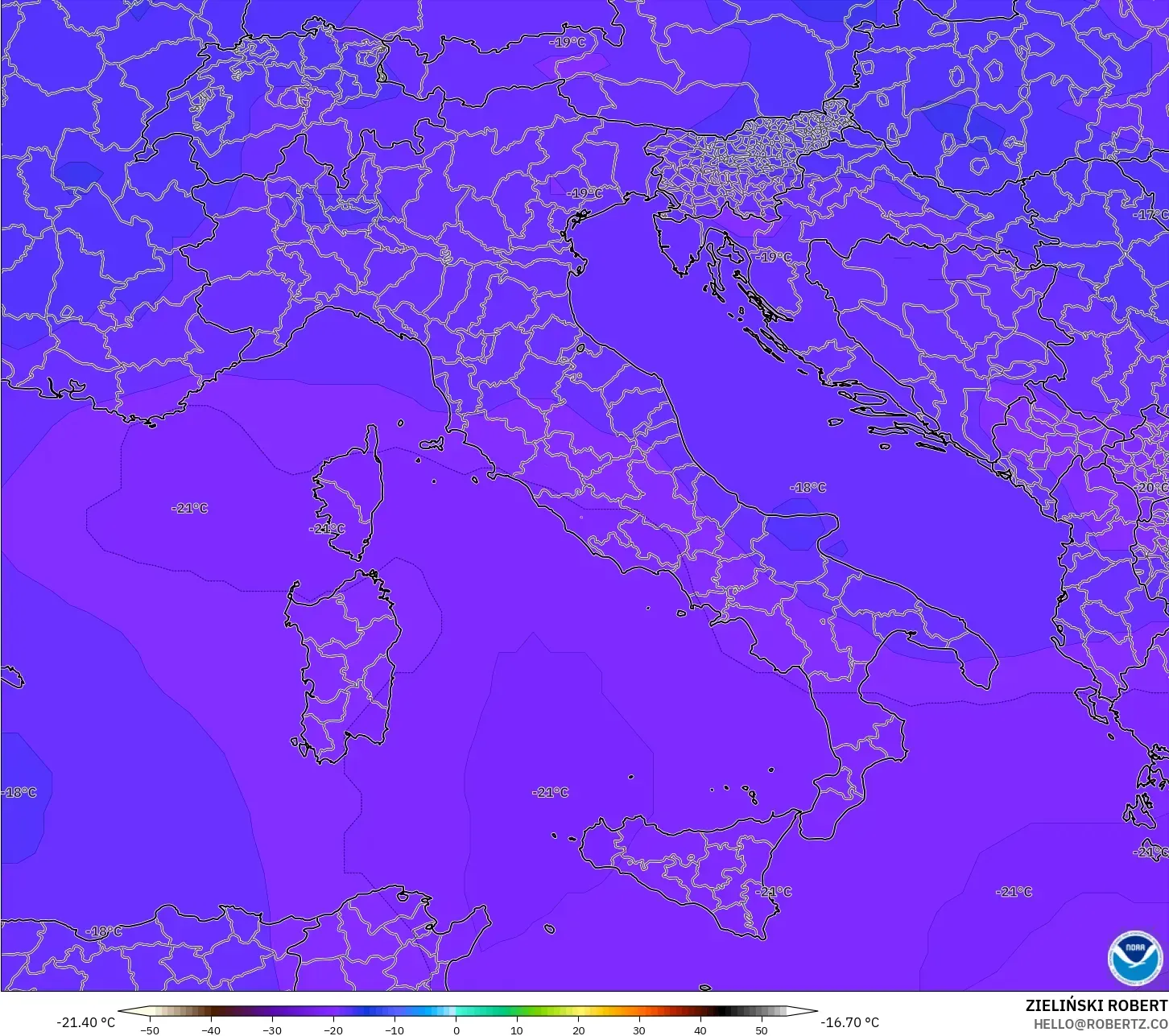 GFS modelo - Italia, Temperatura a 500 hPa