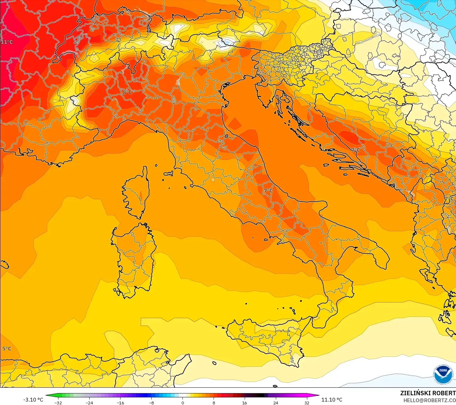 GFS modelo - Italia, Anomalía de temperatura a 850 hPa