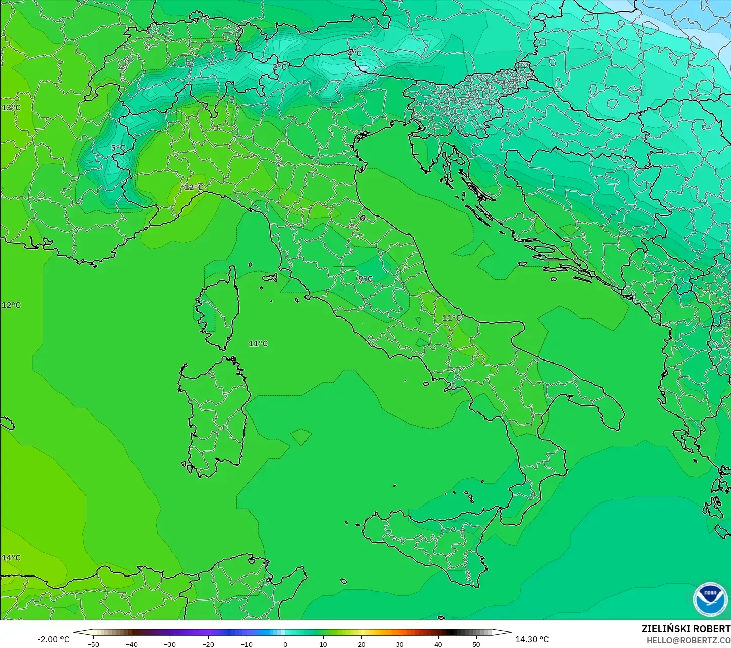 GFS modelo - Italia, Temperatura a 850 hPa