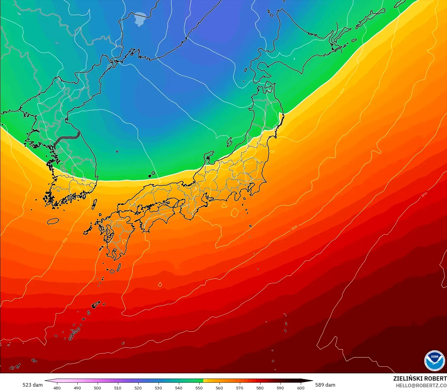 GFS modelo - Japón, Altura geopotencial a 500 hPa