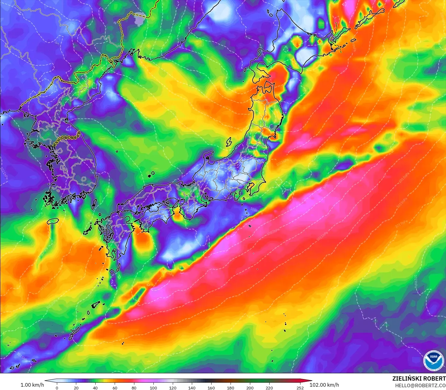 GFS modelo - Japón, Ráfagas de viento