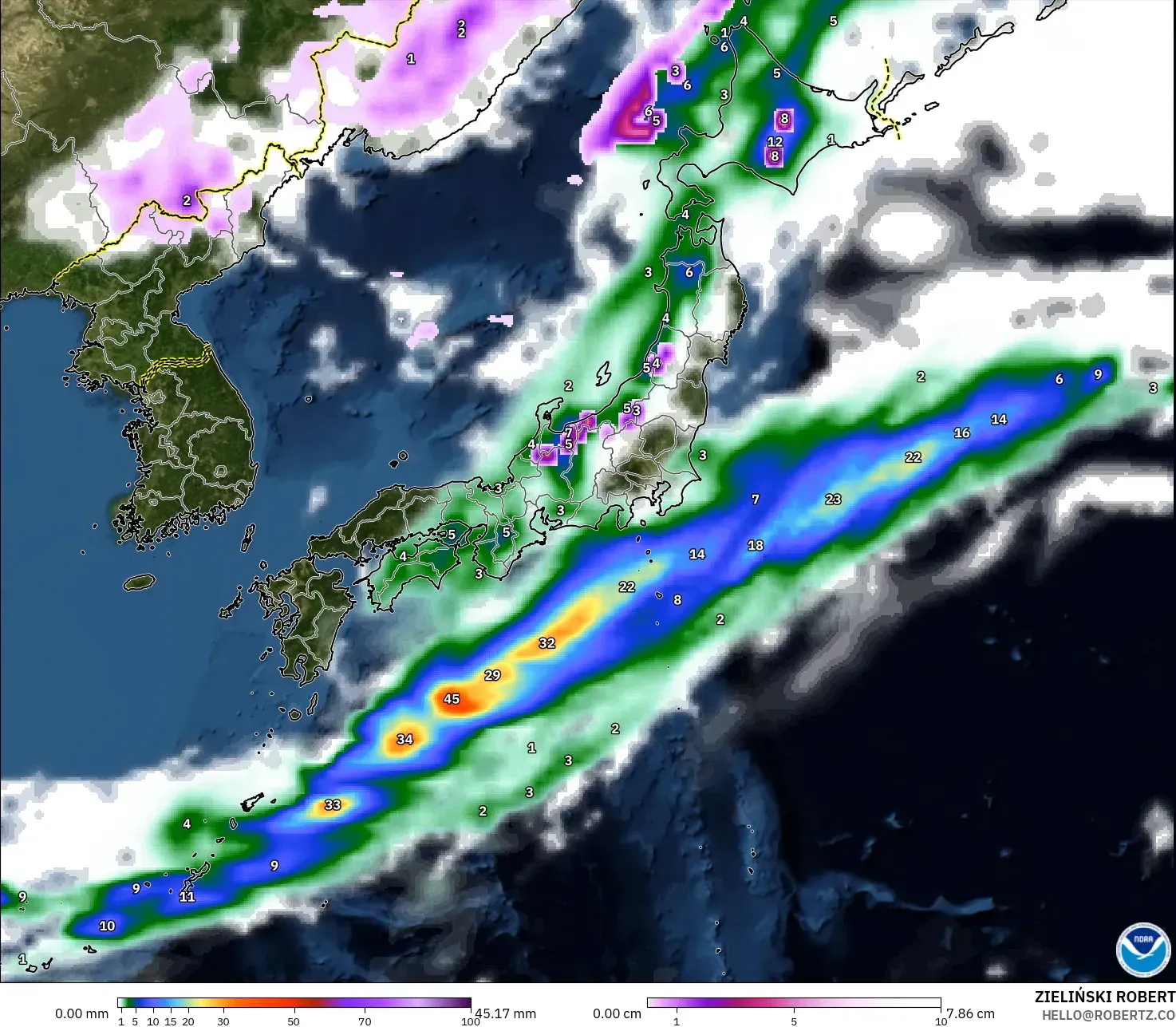 GFS modelo - Japón, Precipitación, nubes y presión
