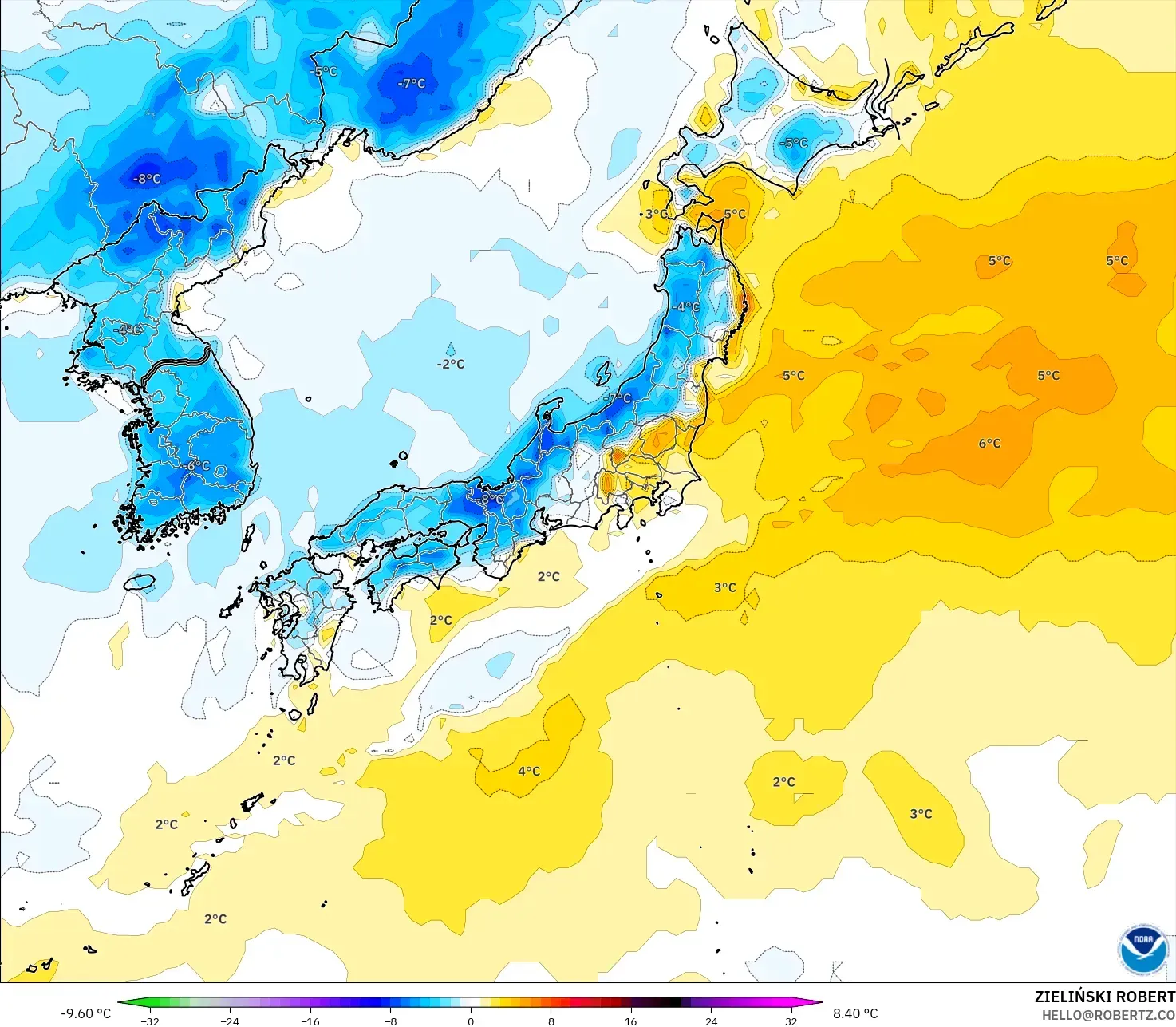 GFS modelo - Japón, Anomalía de temperatura a 2 m