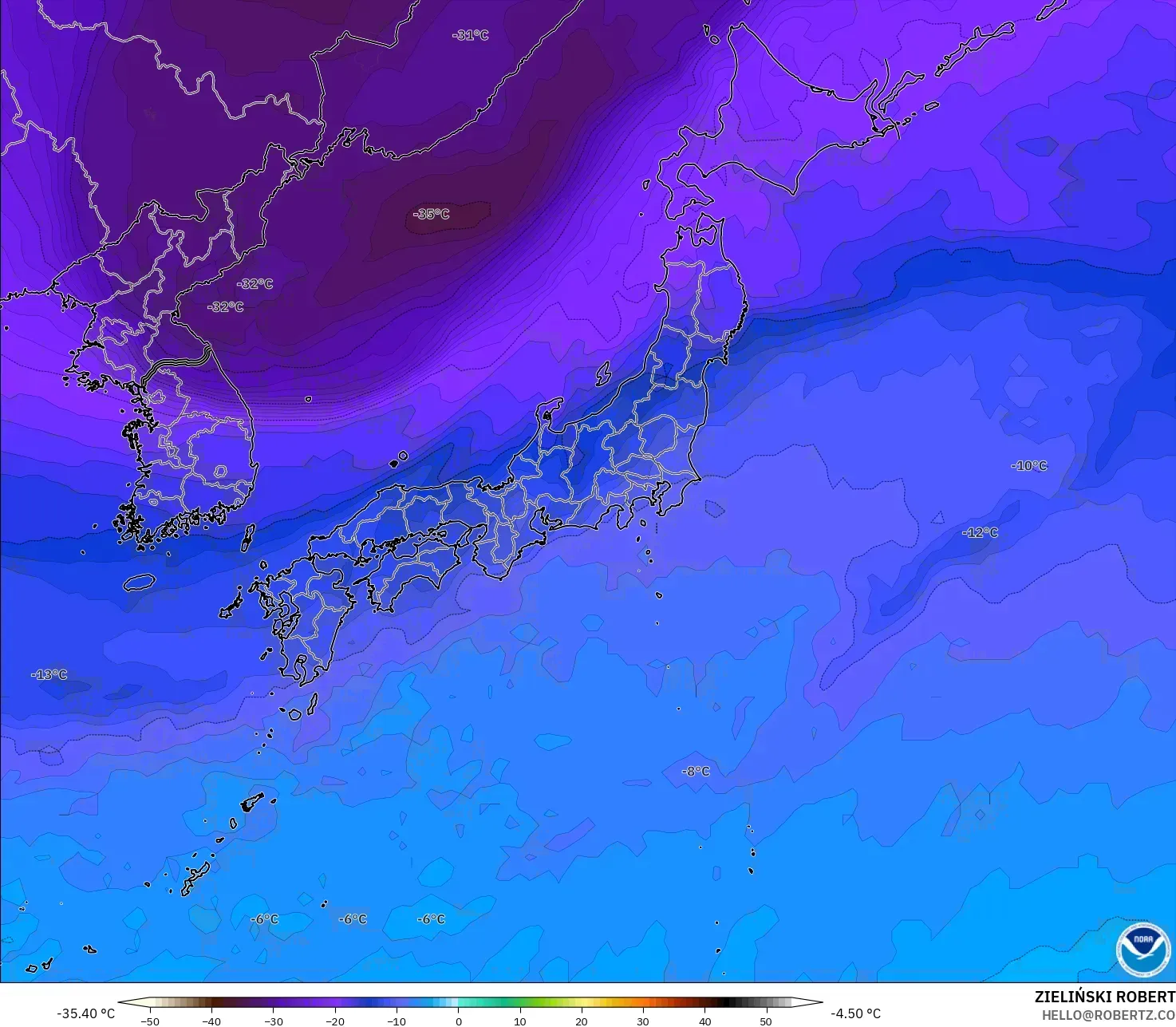 GFS modelo - Japón, Temperatura a 500 hPa