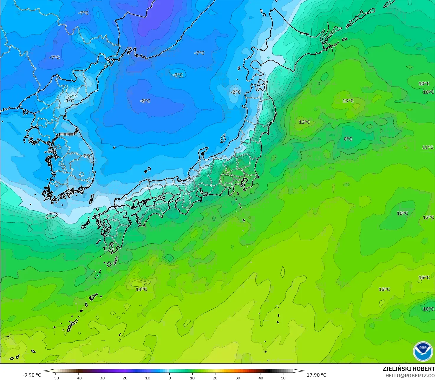 GFS modelo - Japón, Temperatura a 850 hPa