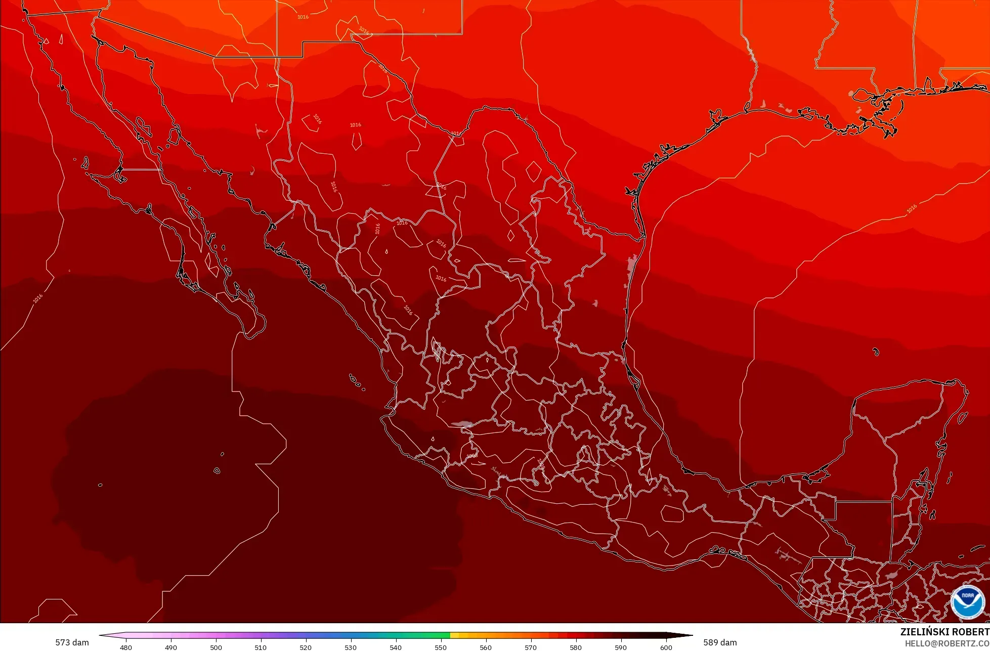 GFS modelo - México, Altura geopotencial a 500 hPa