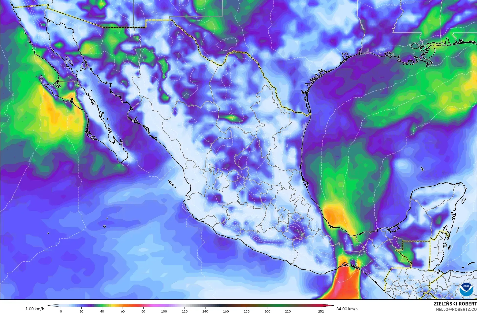 GFS modelo - México, Ráfagas de Viento Máximas