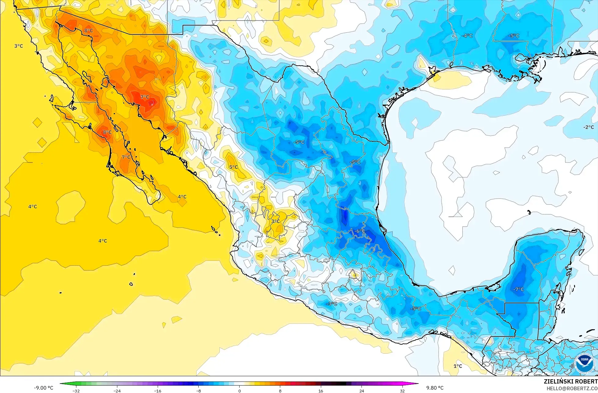 GFS modelo - México, Anomalía de temperatura a 2 m