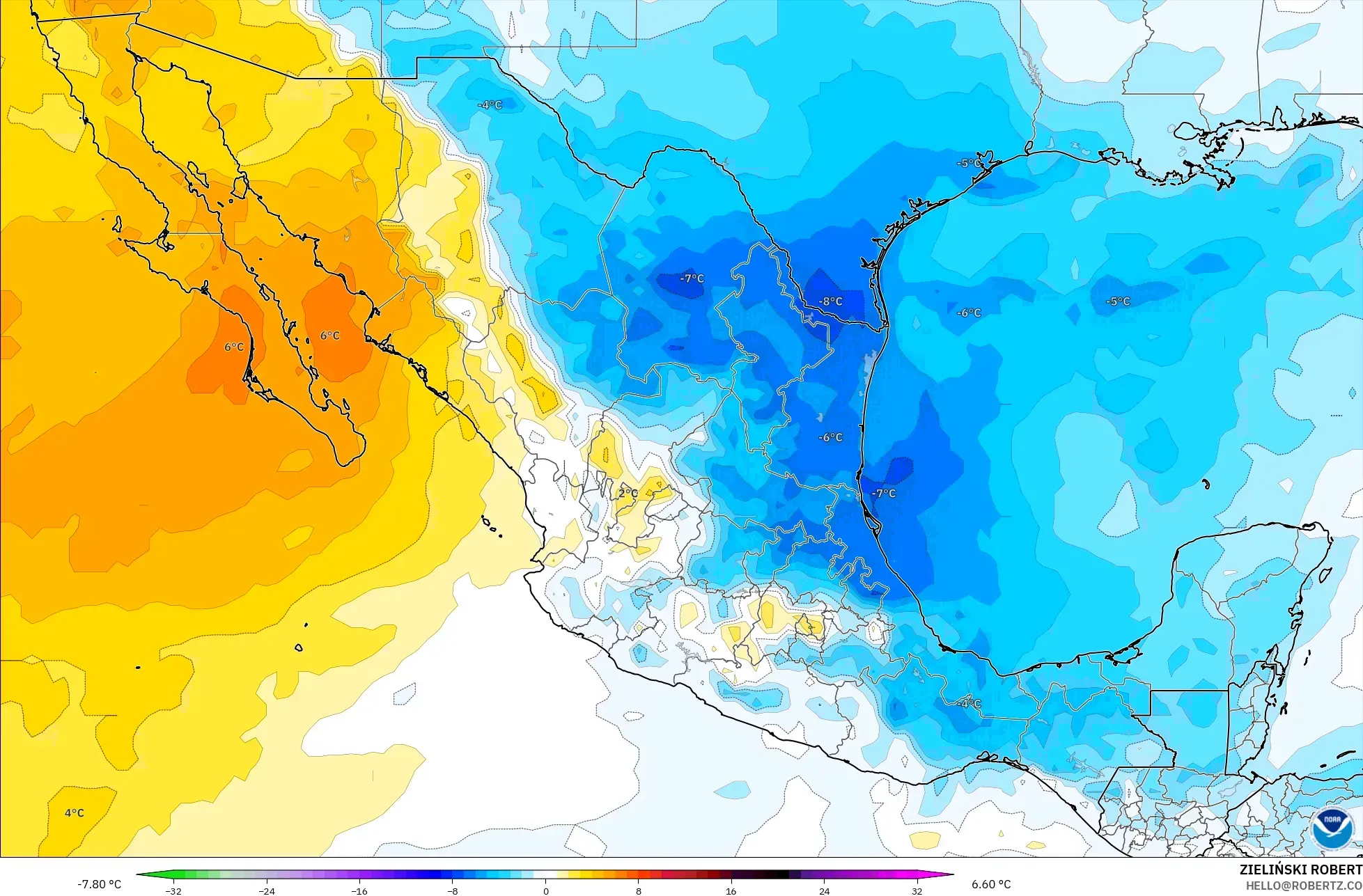 GFS modelo - México, Anomalía de temperatura a 850 hPa