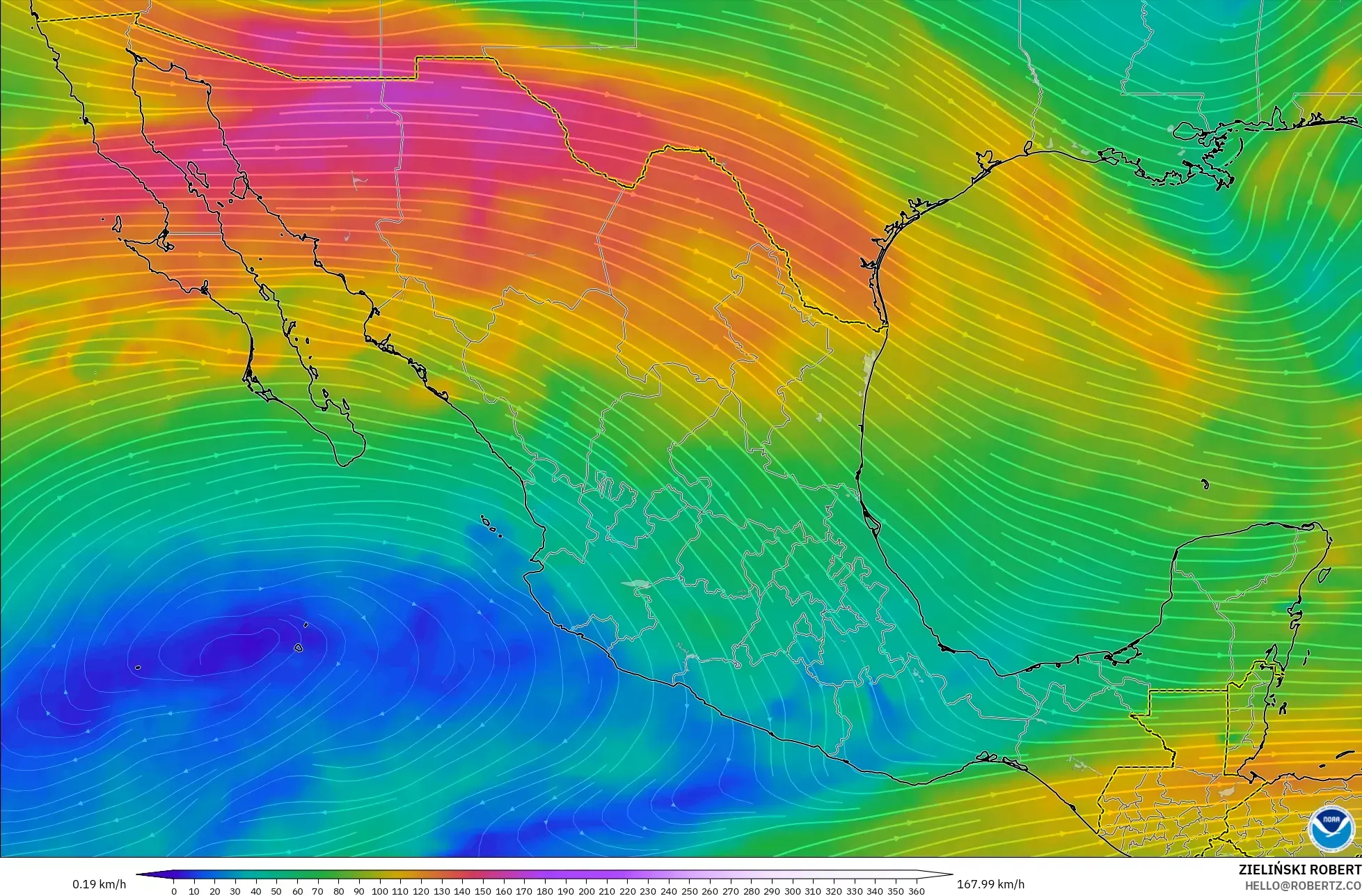 GFS modelo - México, Viento a 300 hPa (corriente en chorro)