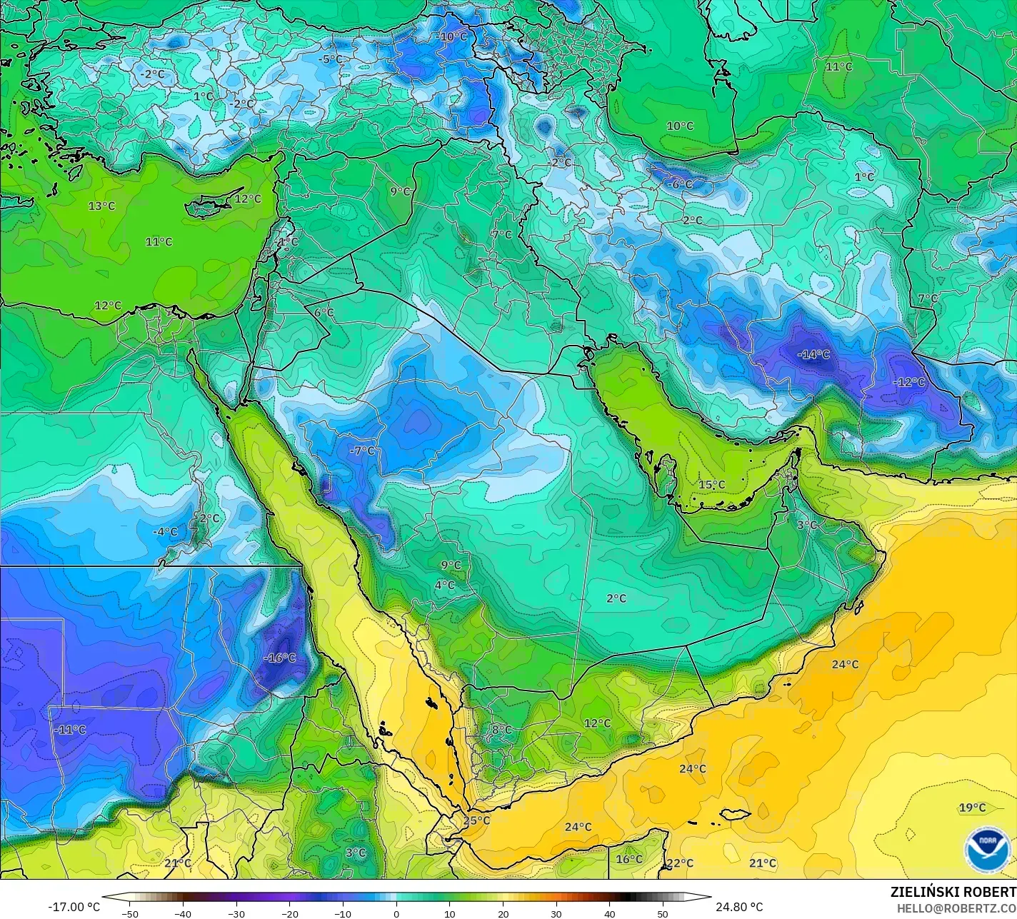 GFS modelo - Oriente Medio, Punto de rocío a 2 m